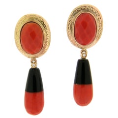 Coral and Onyx 14 Karat Yellow Gold Diamonds Drop Earrings