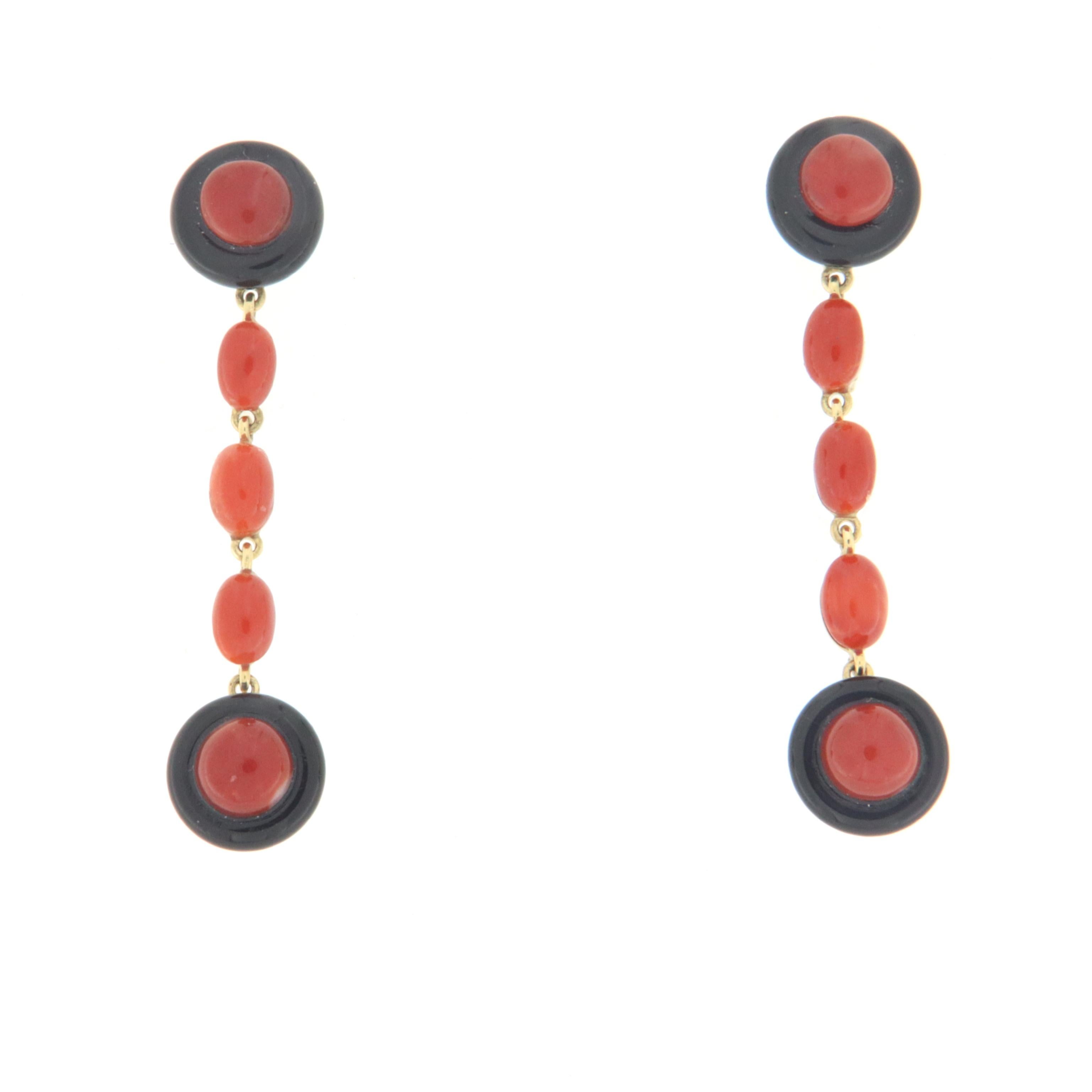 Artisan Coral and Onyx 18 Karat Yellow Gold Drop Earrings For Sale