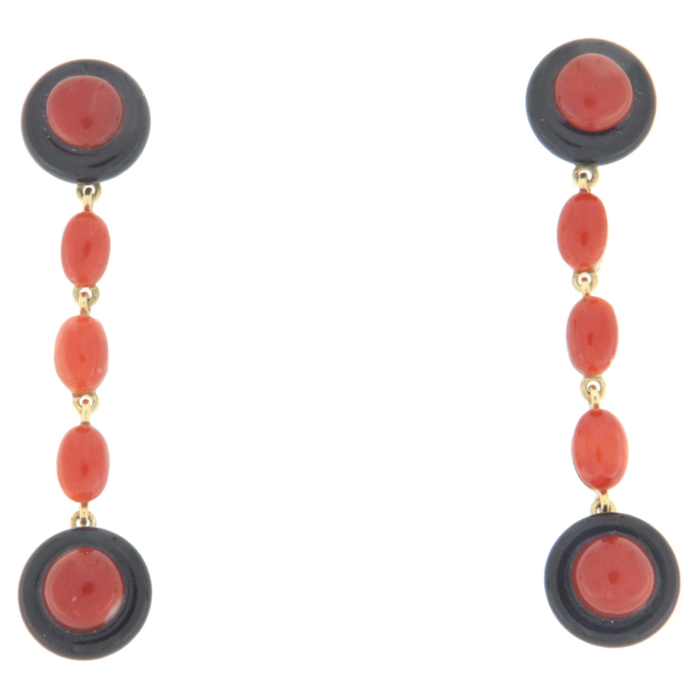 Coral and Onyx 18 Karat Yellow Gold Drop Earrings For Sale