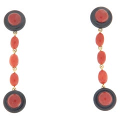 Coral and Onyx 18 Karat Yellow Gold Drop Earrings