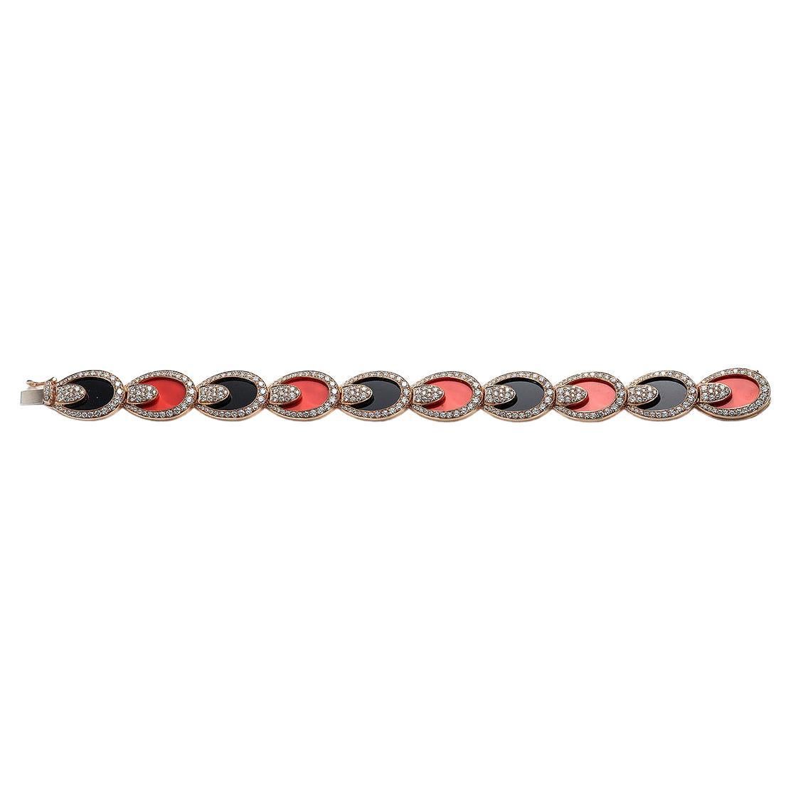 Coral and Onyx Diamond Bracelet For Sale