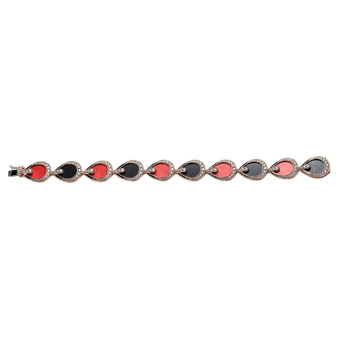 Coral and Onyx Diamond Bracelet For Sale