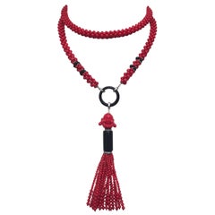 Coral and Onyx Lariat Necklace with Buddha Bead and Tassel and 14 Karat Gold
