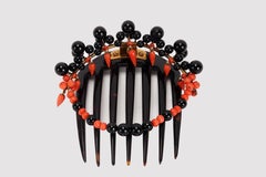 Coral and onyx turtleshell hair comb-diadem, Boston, United States 1880.