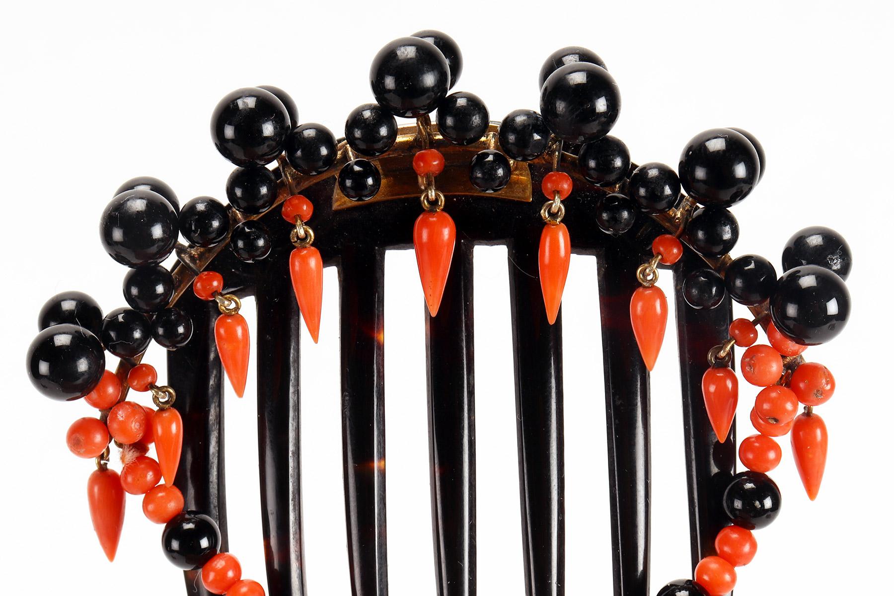 American Coral and Onyx Turtleshell Hair Comb-Diadem, United States, 1880 For Sale