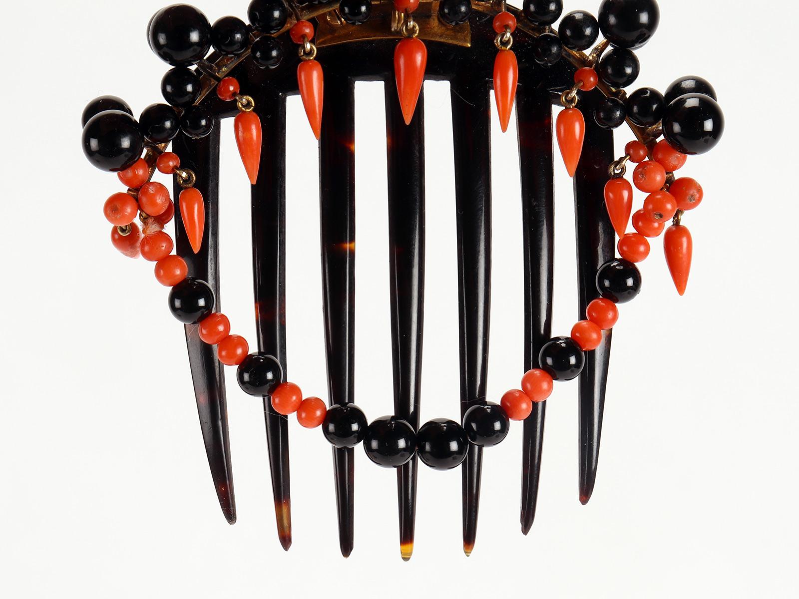 19th Century Coral and Onyx Turtleshell Hair Comb-Diadem, United States, 1880 For Sale