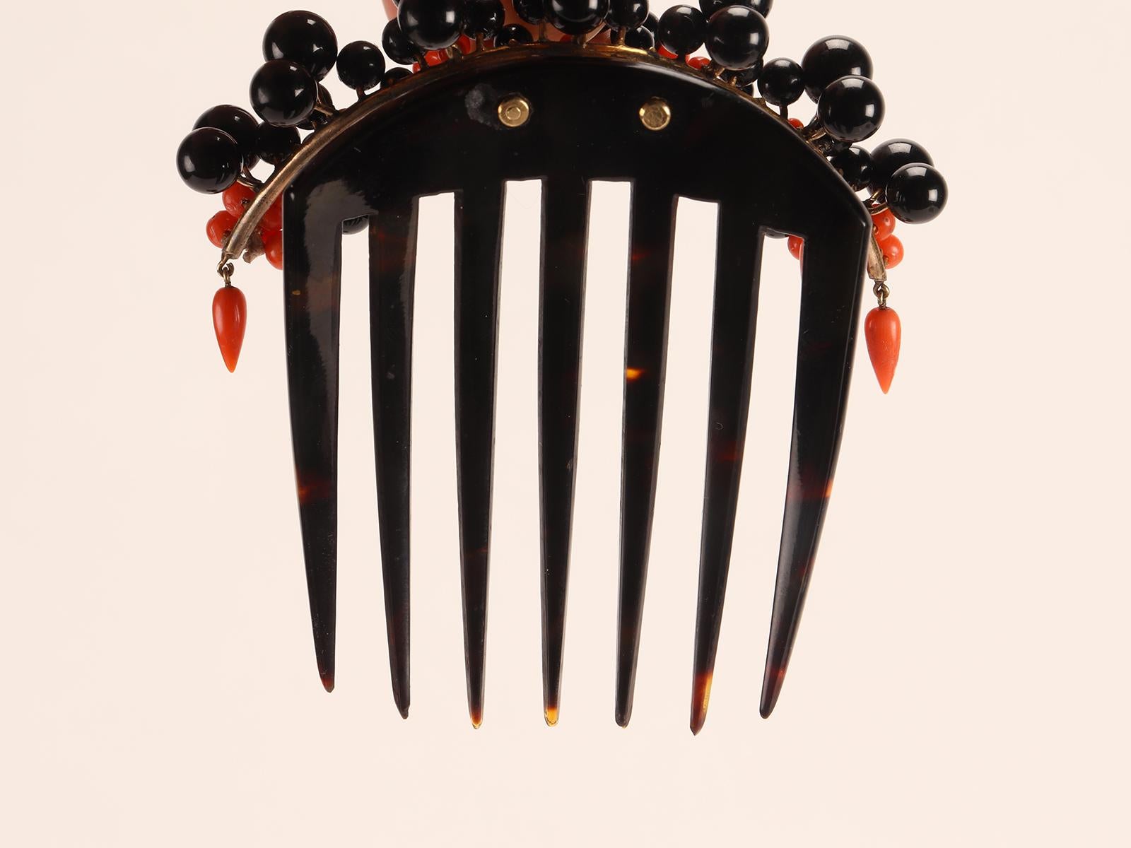 Coral and Onyx Turtleshell Hair Comb-Diadem, United States, 1880 For Sale 1