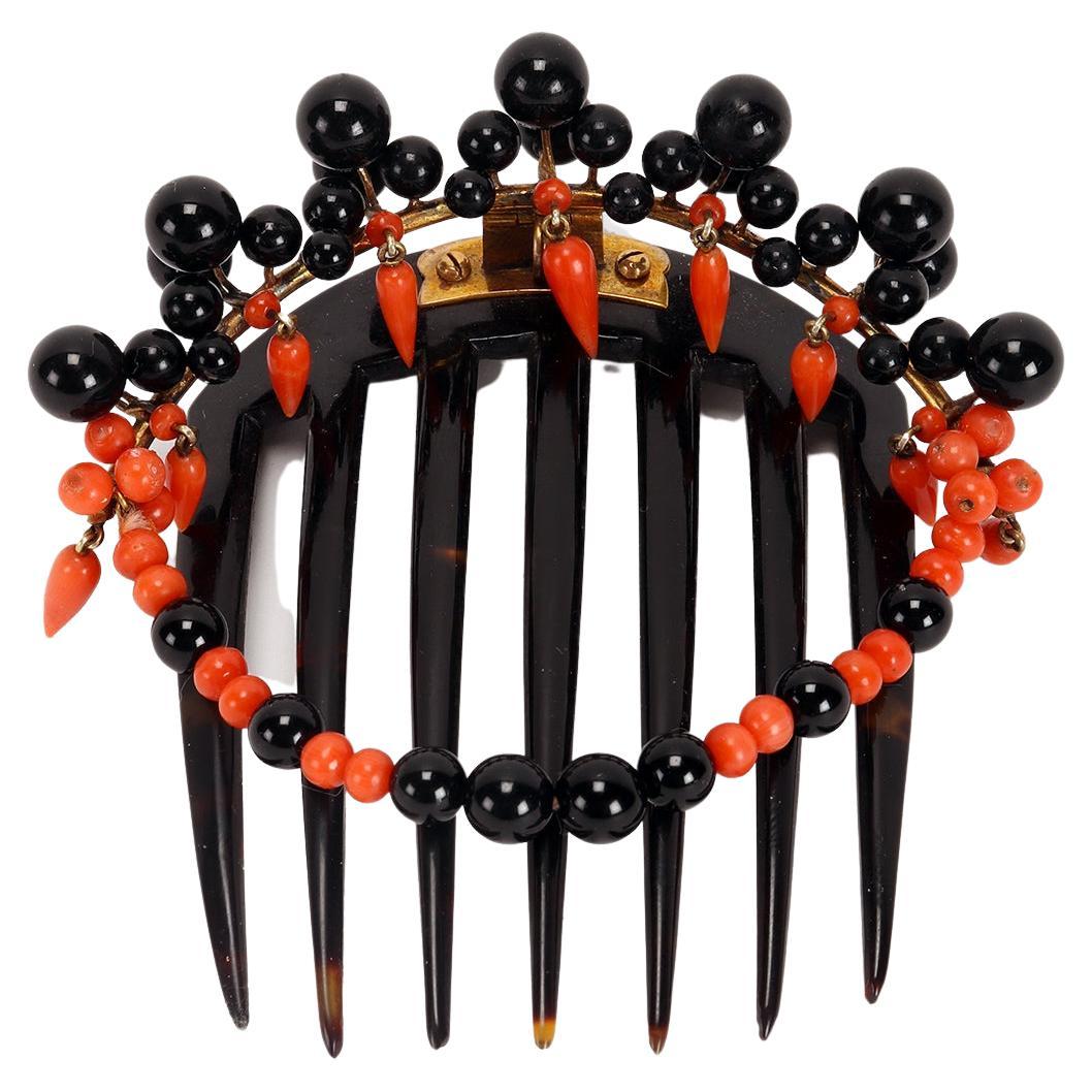 Coral and Onyx Turtleshell Hair Comb-Diadem, United States, 1880 For Sale