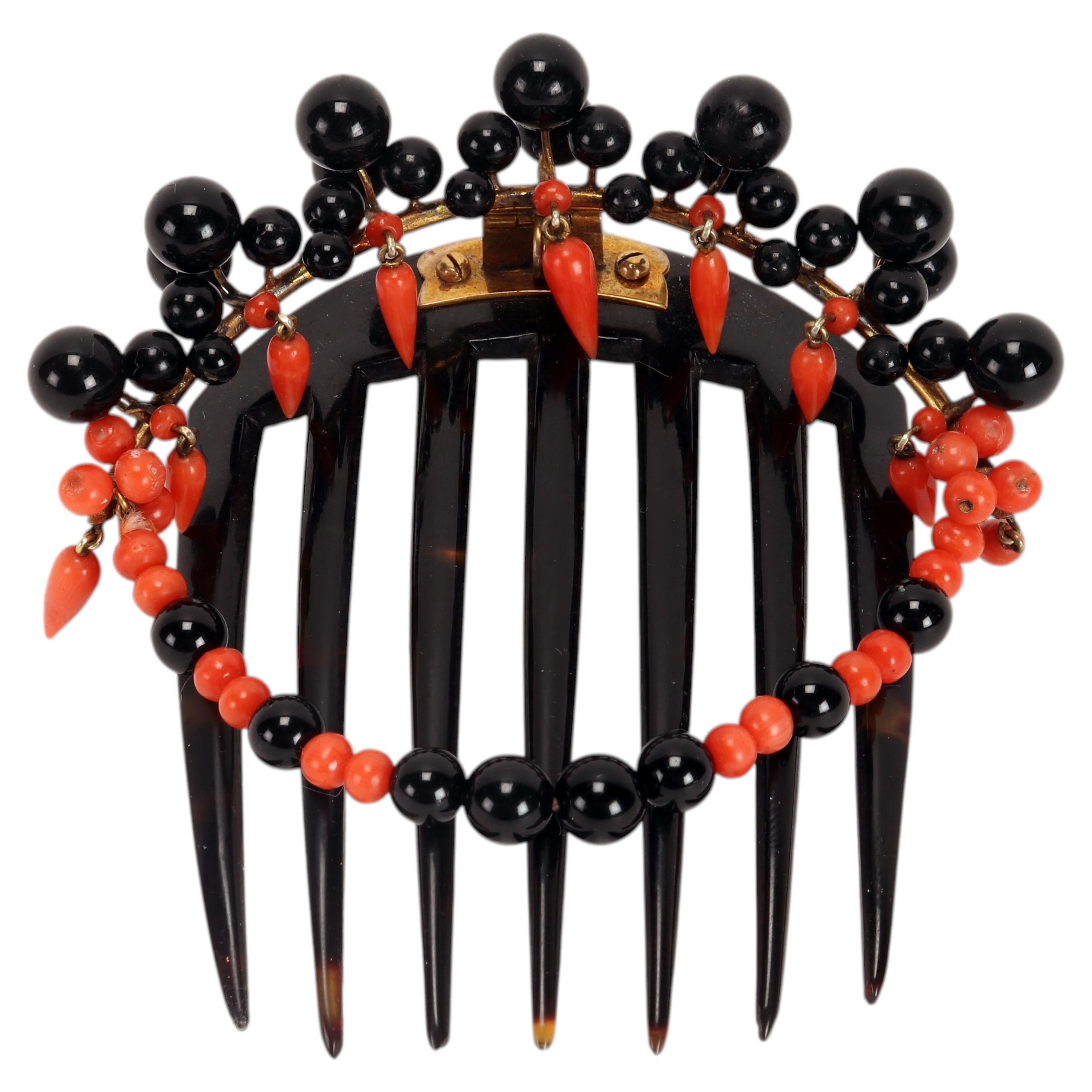 Coral and onyx turtleshell hair comb-diadem, Boston, United States 1880.