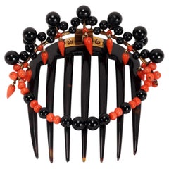 Coral and onyx turtleshell hair comb-diadem, Boston, United States 1880.