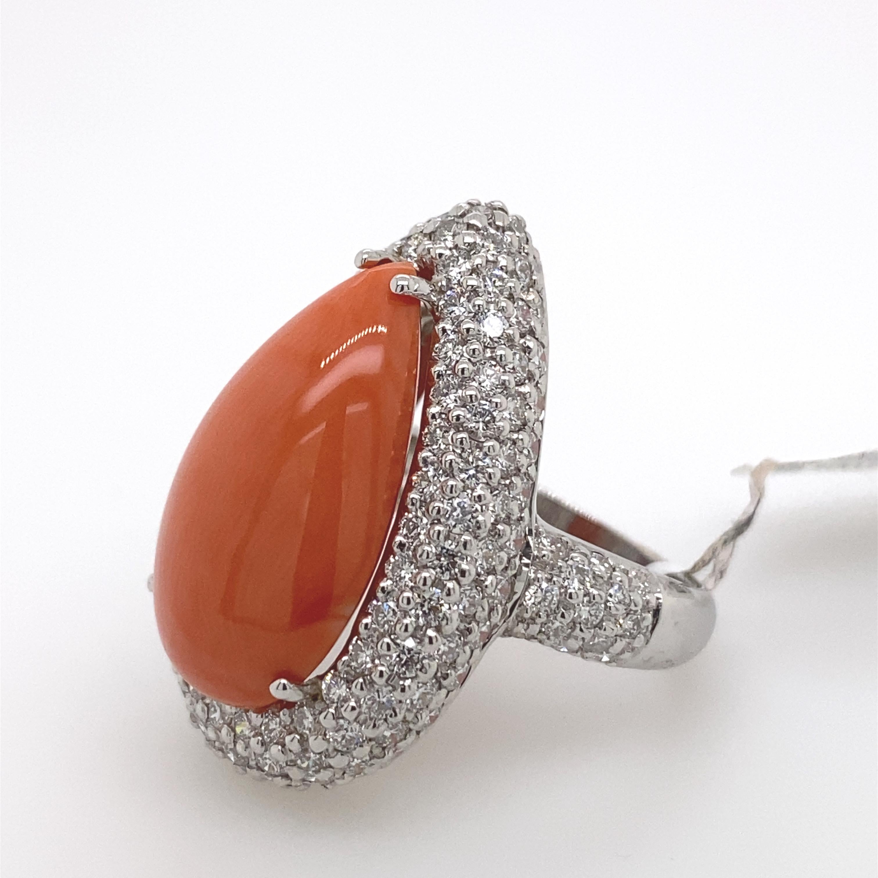 Cabochon Coral and Pave Set Diamonds Ring 18 Karat White Gold For Sale