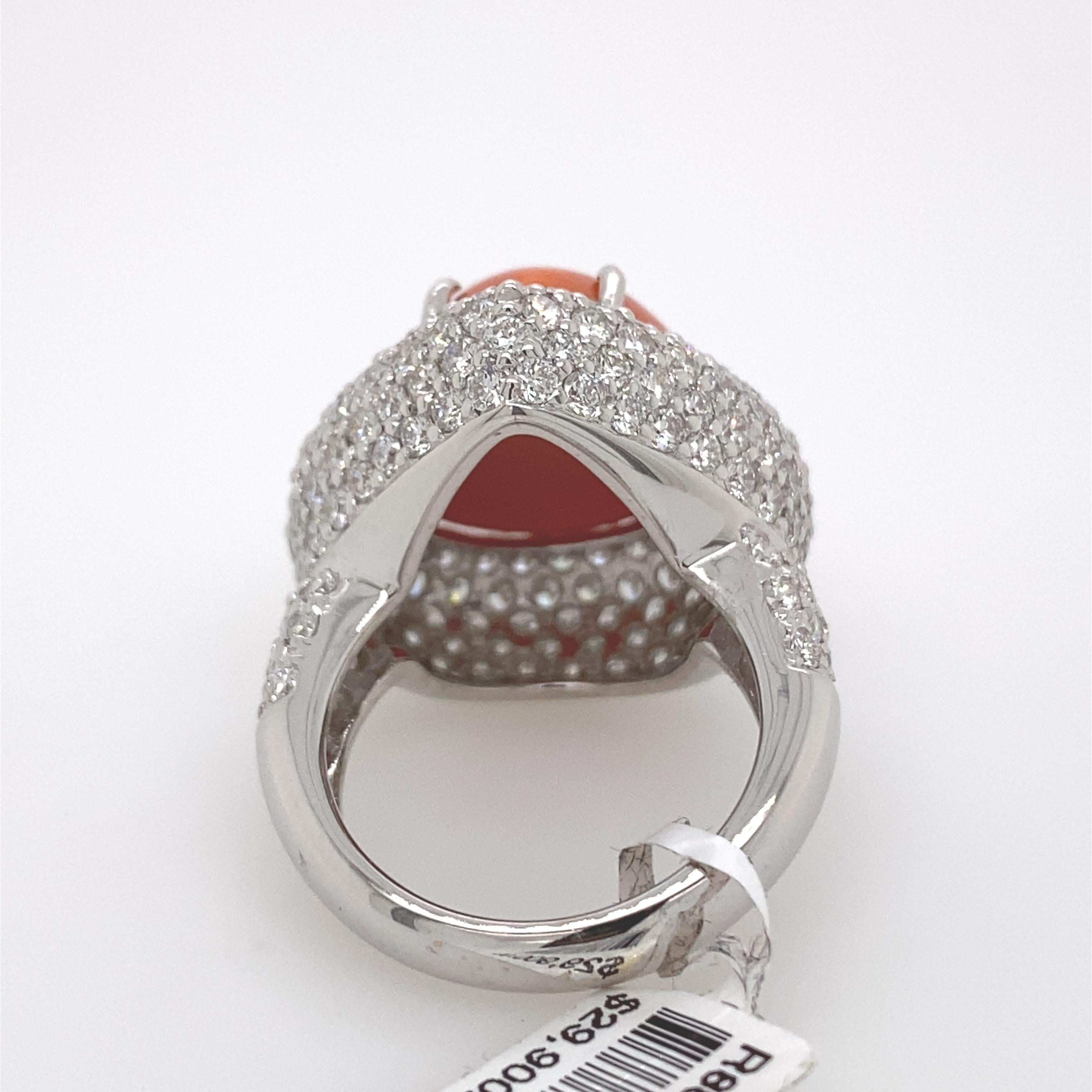 Coral and Pave Set Diamonds Ring 18 Karat White Gold In New Condition For Sale In BEVERLY HILLS, CA