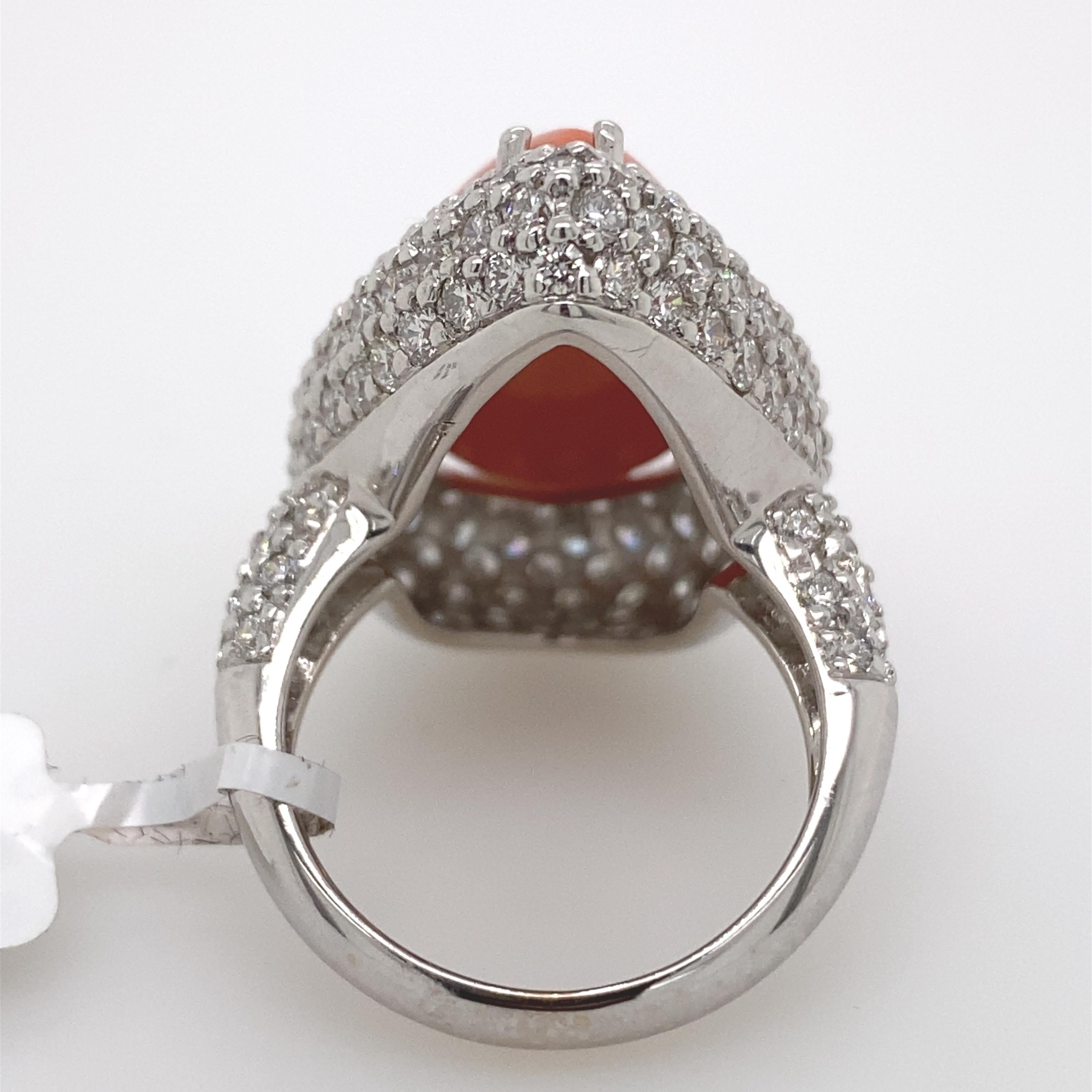 Coral and Pave Set Diamonds Ring 18 Karat White Gold In New Condition For Sale In BEVERLY HILLS, CA