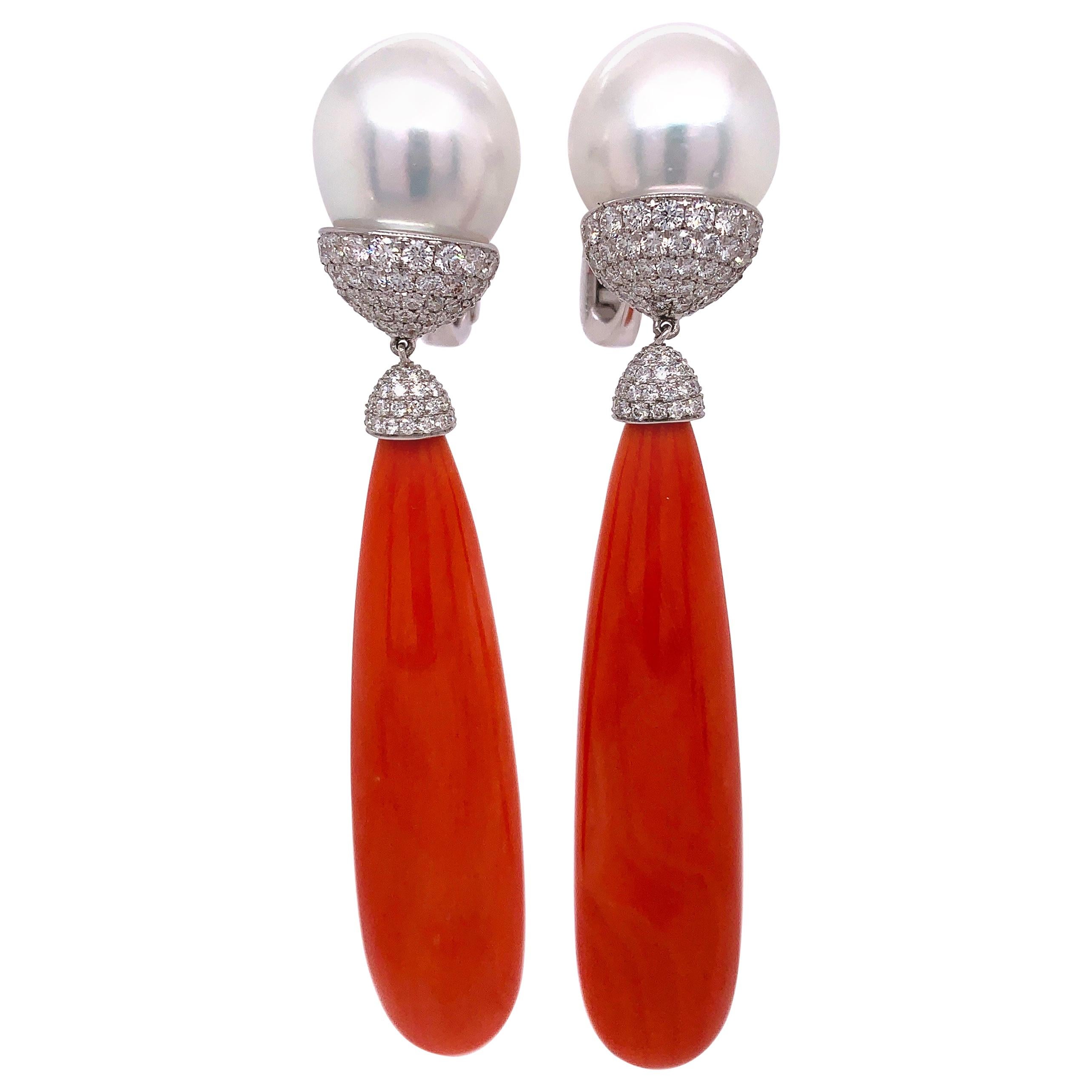 Coral and Pearl Diamond Drop Earrings For Sale