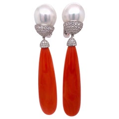 Coral and Pearl Diamond Drop Earrings