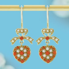 Coral and Pearl Heart and Bow Vintage Style Dangle Earrings in 9K Yellow Gold