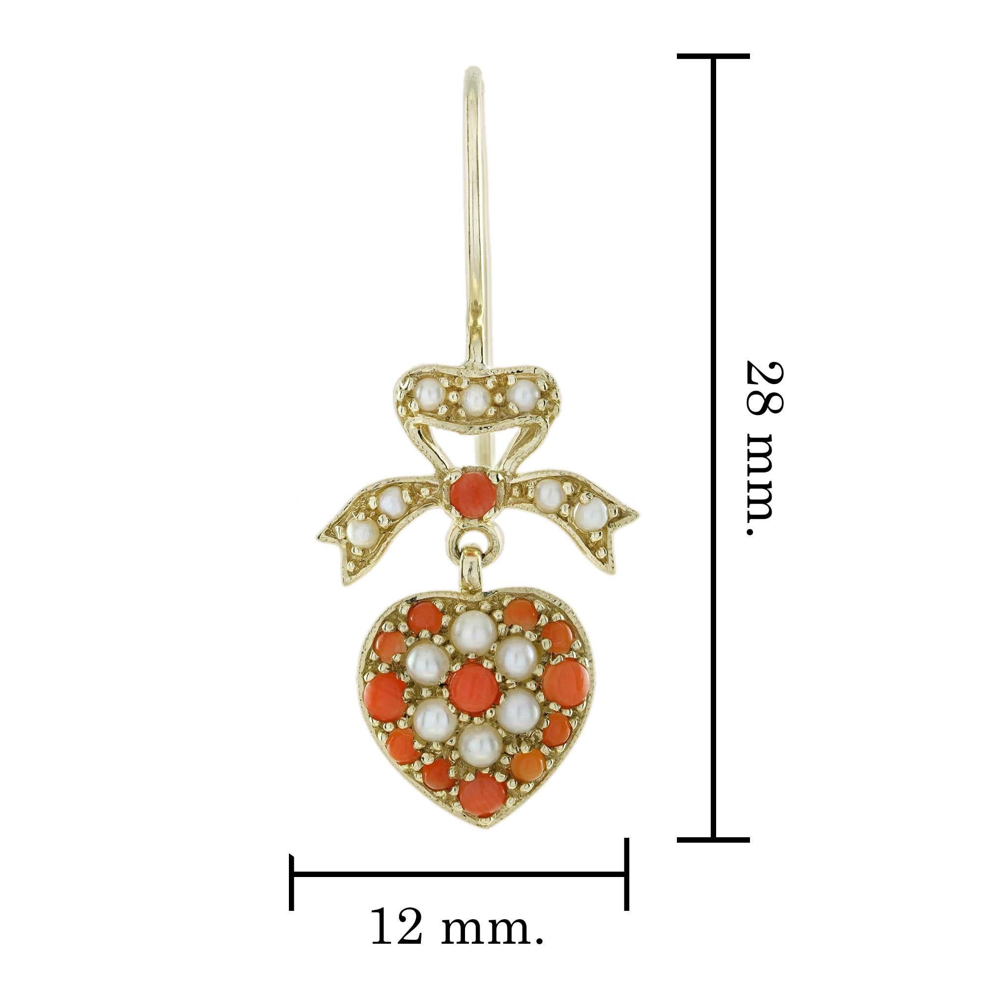 Koralle und Perle Herz und Schleife Vintage-Ohrringe im Vintage-Stil aus 9K Gelbgold im Zustand „Neu“ im Angebot in Bangkok, TH