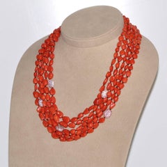 Coral and Pink Sapphires Pearls, Bakelite Multi-Strand Necklace