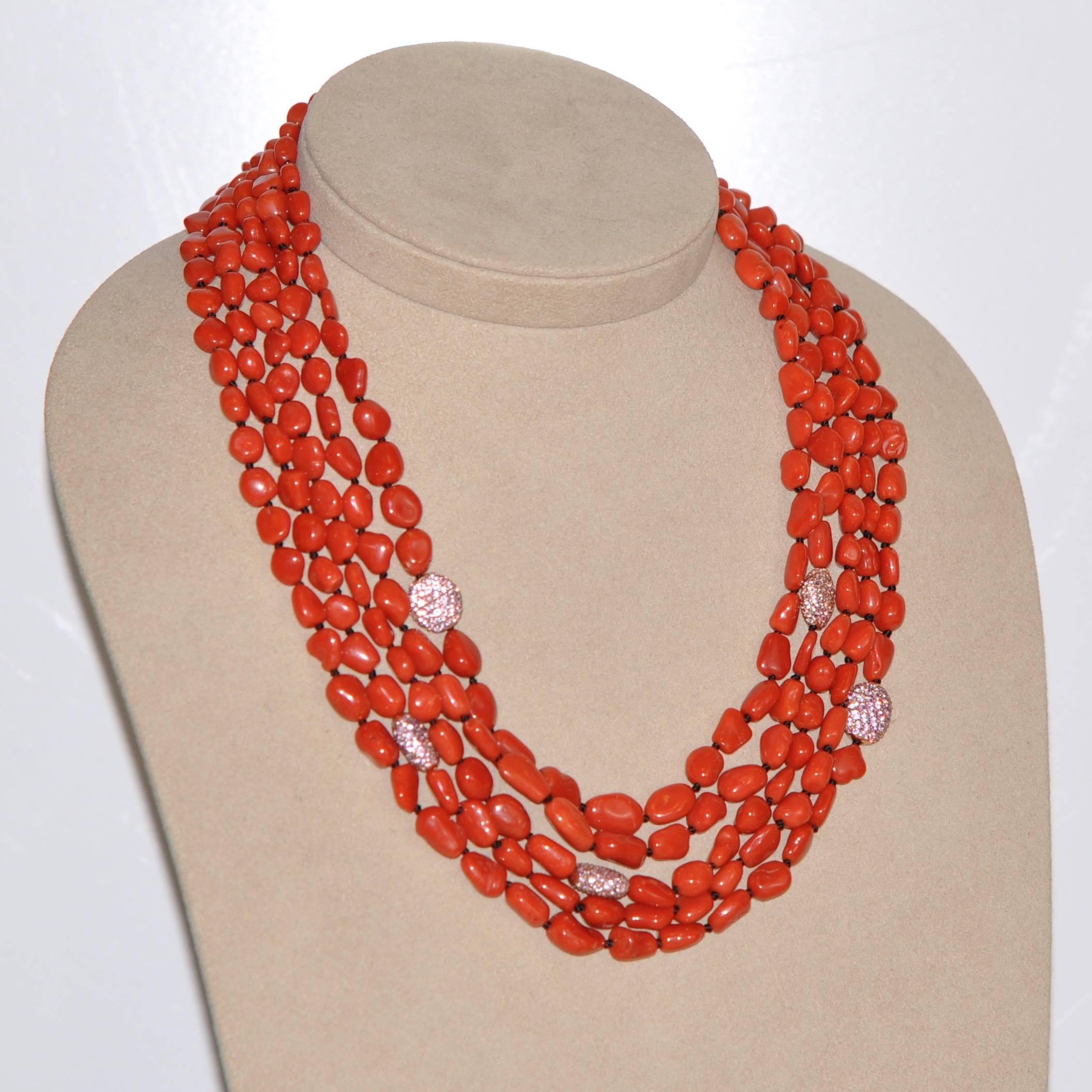 Brilliant Cut Coral and Pink Sapphires Pearls, Bakelite Multi-Strand Necklace For Sale
