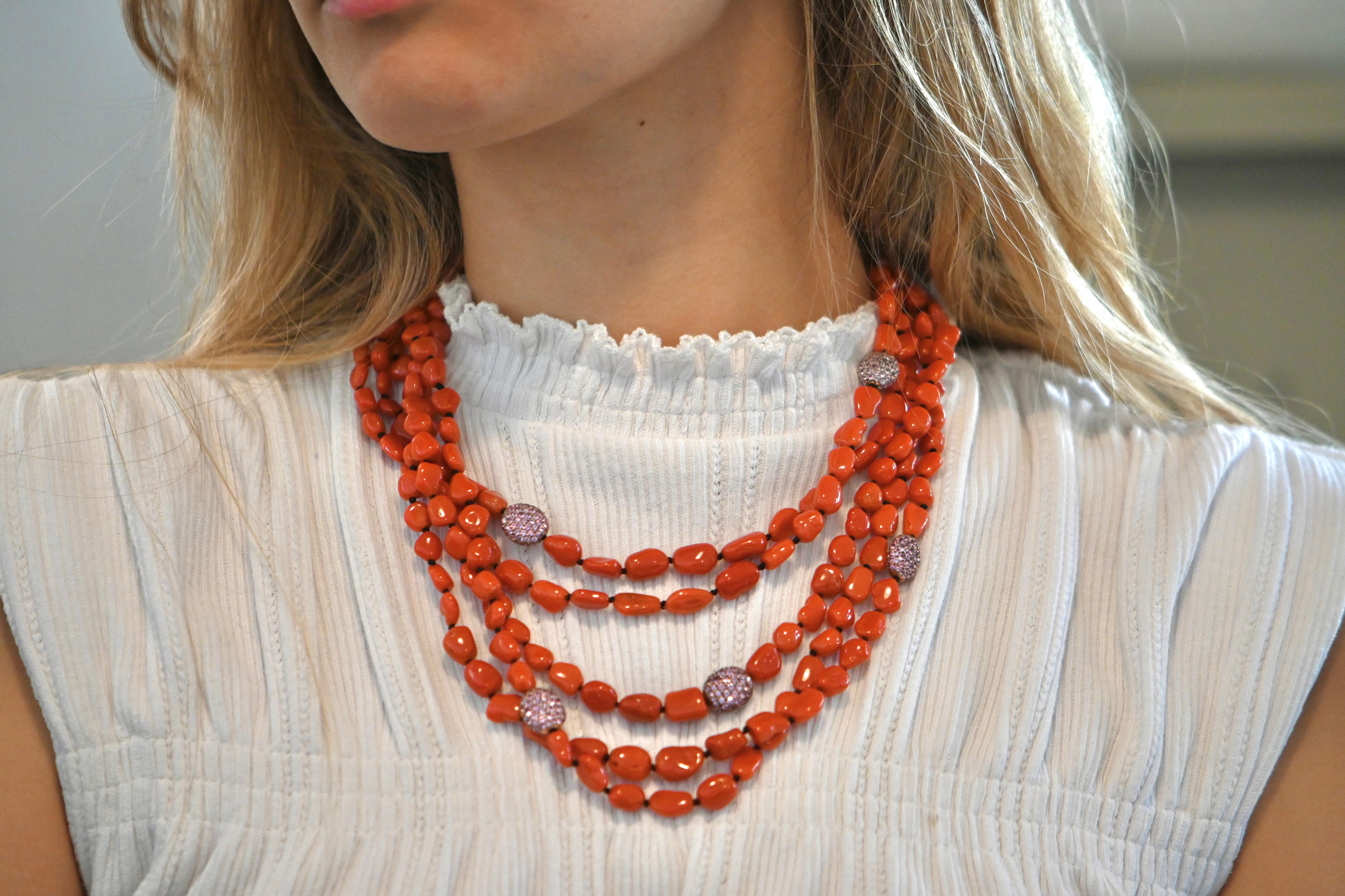 Coral and Pink Sapphires Pearls, Bakelite Multi-Strand Necklace For Sale 1