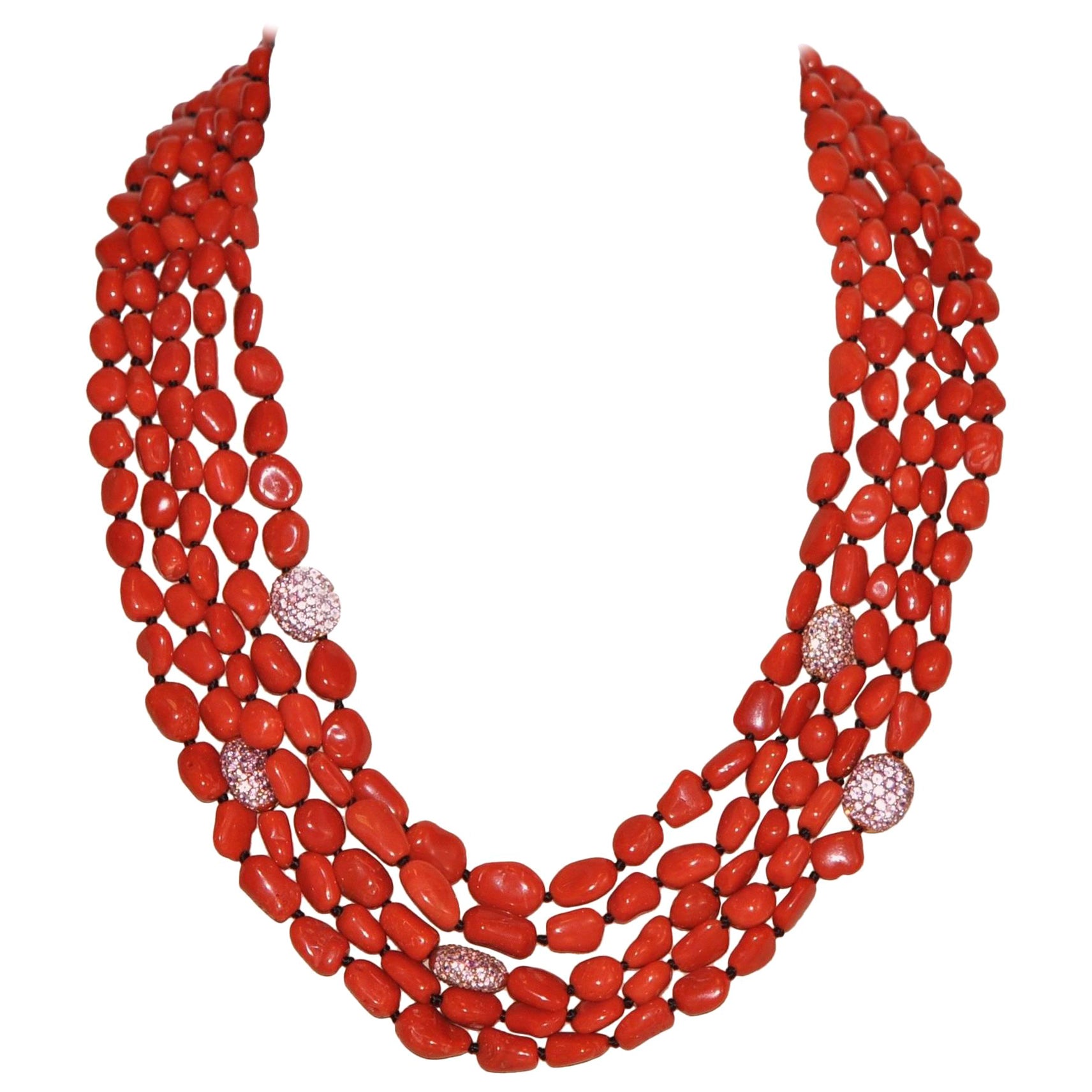 Coral and Pink Sapphires Pearls, Bakelite Multi-Strand Necklace For Sale