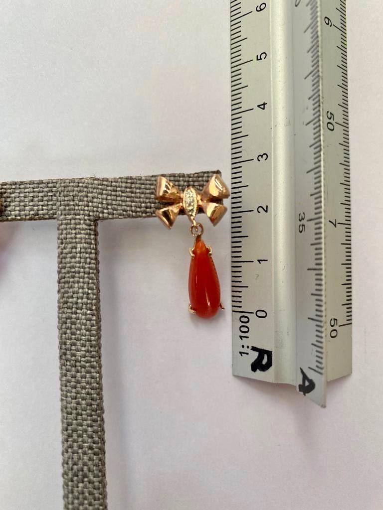 Women's or Men's Coral and Rose Gold Bow Pendants Earrings with Modern Cut Diamonds For Sale