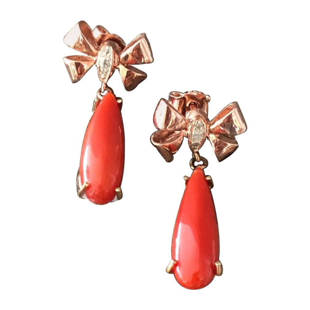 Coral and Rose Gold Bow Pendants Earrings with Modern Cut Diamonds For Sale