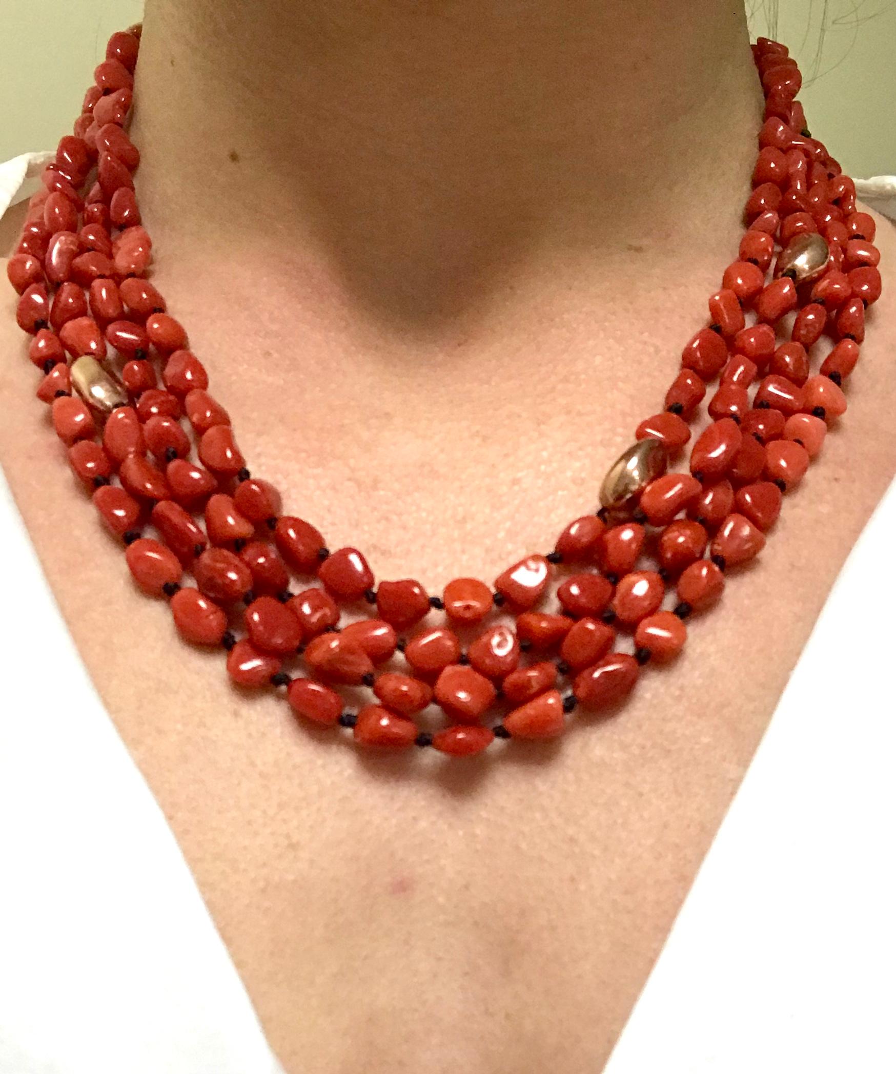 Artisan Coral and 18 Carats Pink Gold Pearls Bakelite Clasp Beaded Necklace