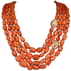 Coral and Rose Gold Pearls Bakelite Clasp Beaded Necklace