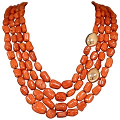 Coral and Rose Gold Pearls Bakelite Clasp Beaded Necklace