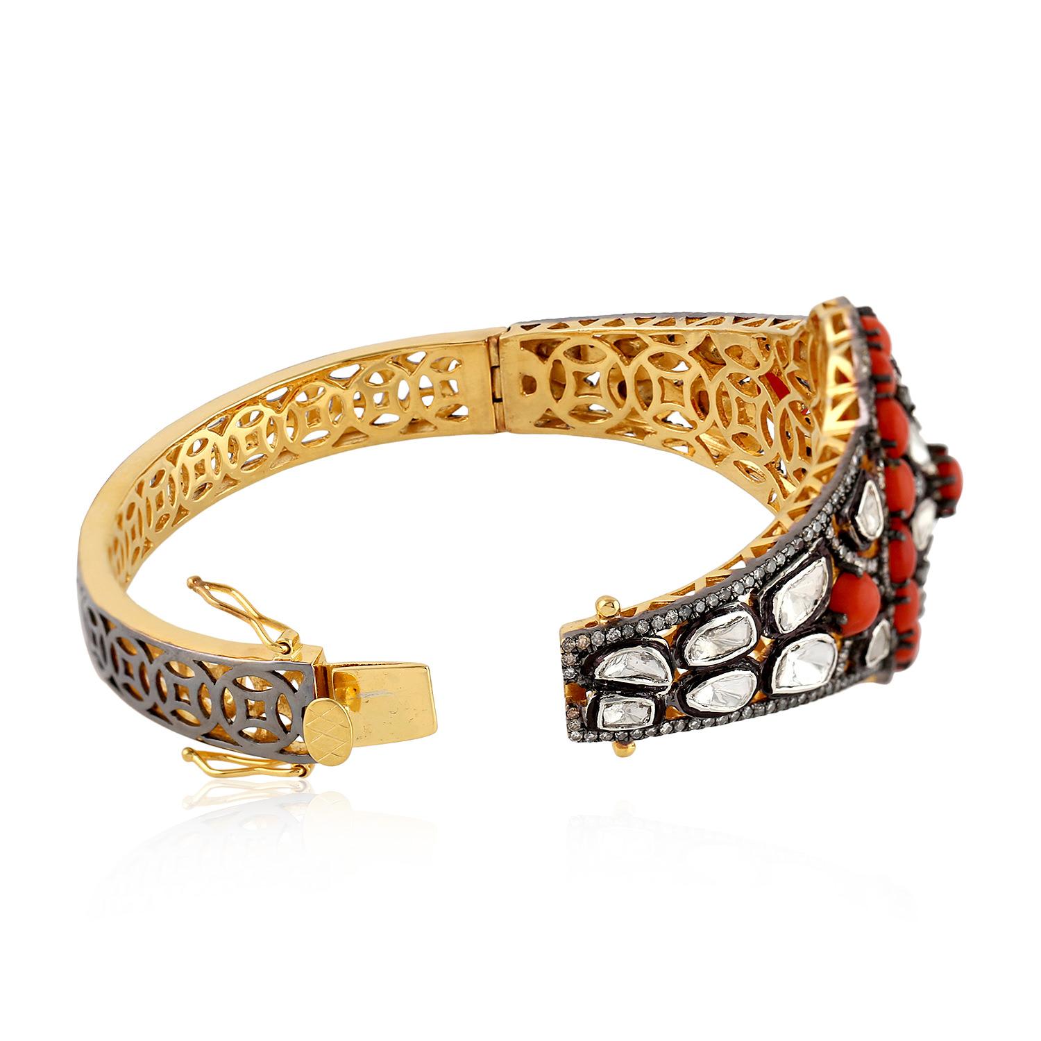 Artisan Coral and Rosecut Diamond Bangle in Silver and Gold For Sale