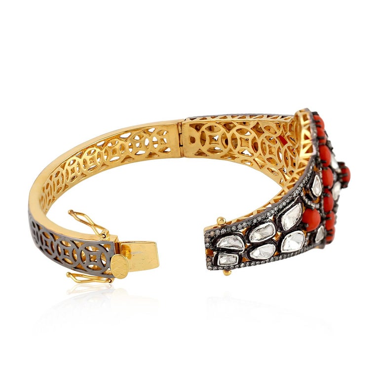 Coral and Rosecut Diamond Bangle in Silver and Gold For Sale at 1stDibs