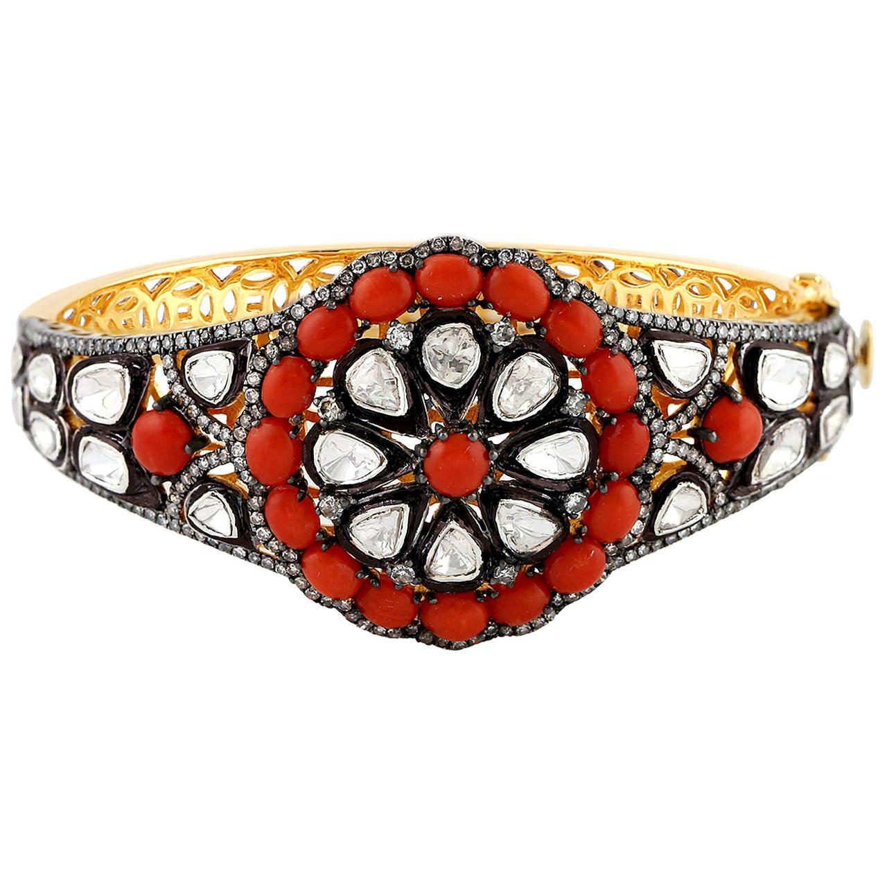 Coral and Rosecut Diamond Bangle in Silver and Gold For Sale