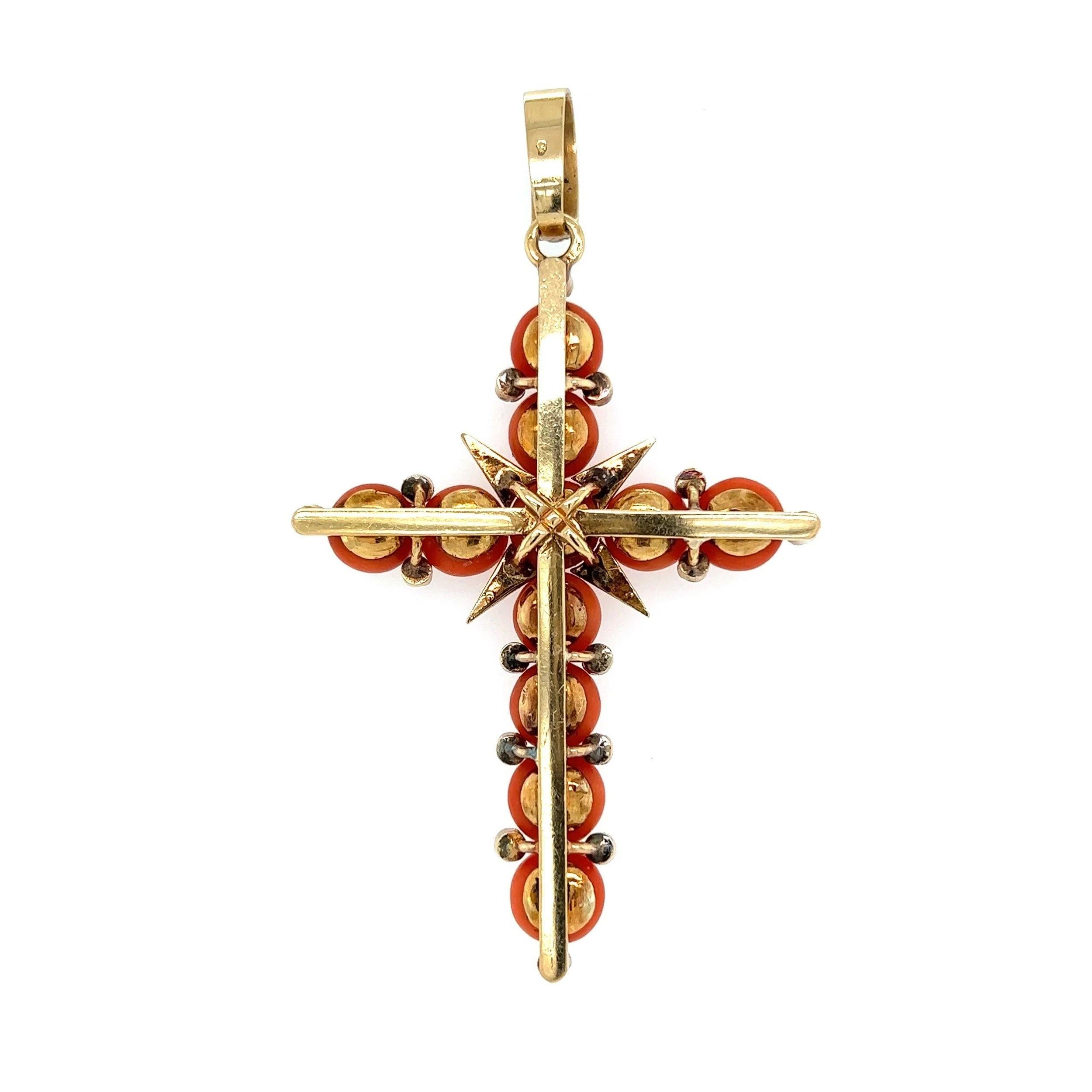 Victorian Coral and Seed Pearl Antique French Gold Cross Pendant Estate Fine Jewelry For Sale