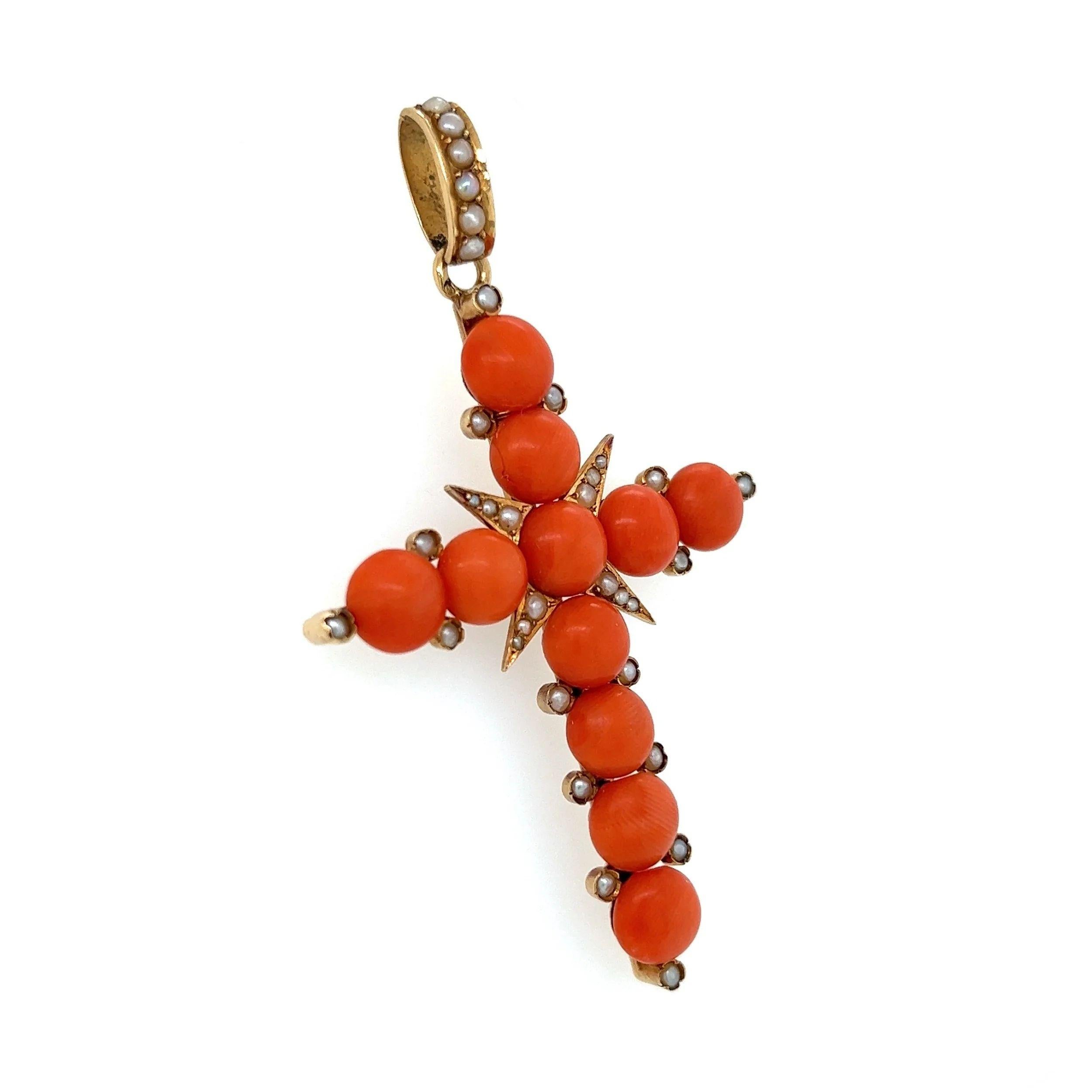 Mixed Cut Coral and Seed Pearl Antique French Gold Cross Pendant Estate Fine Jewelry For Sale