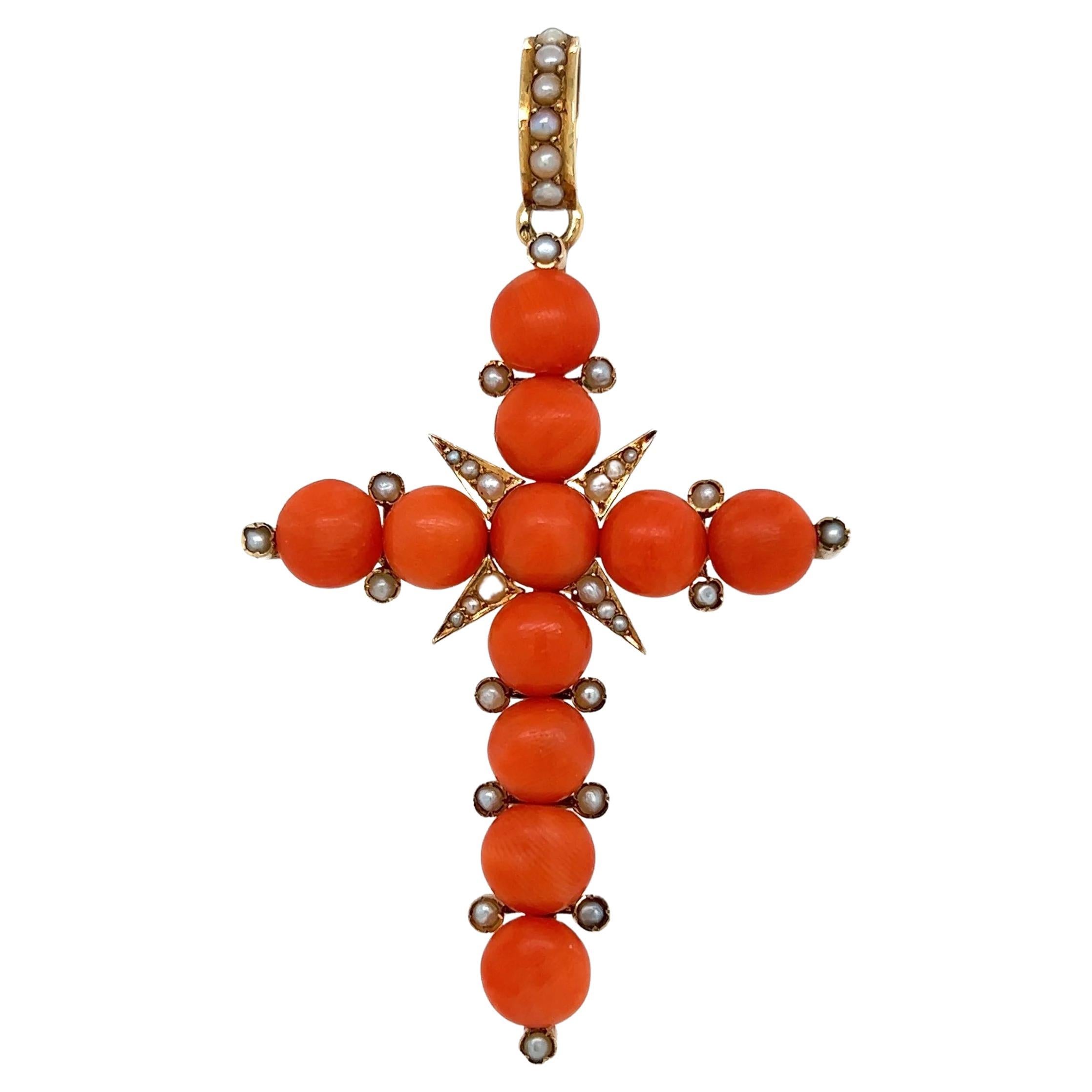 Coral and Seed Pearl Antique French Gold Cross Pendant Estate Fine Jewelry For Sale