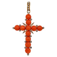 Coral and Seed Pearl Antique French Gold Cross Pendant Estate Fine Jewelry