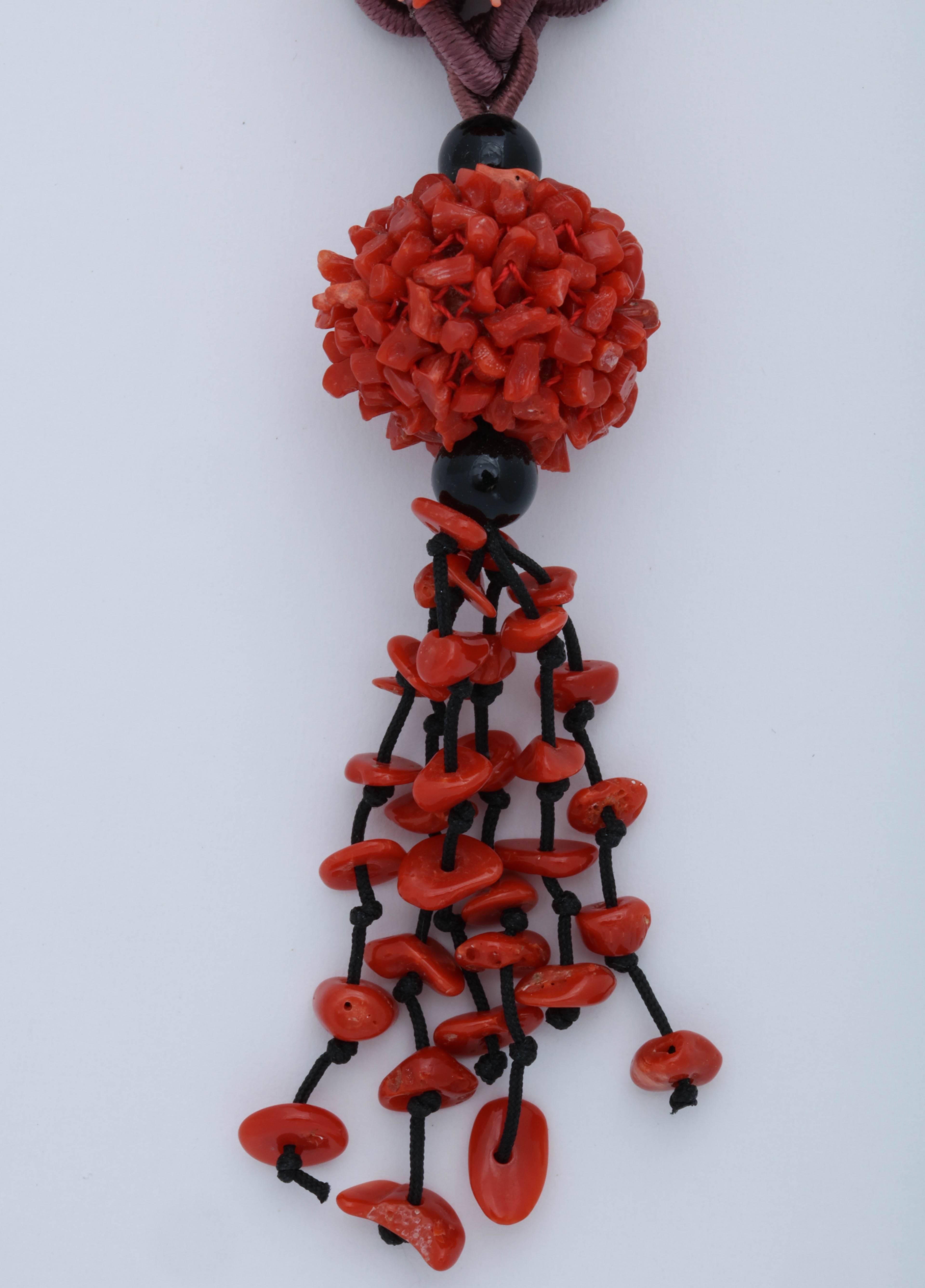 Artisan Coral and Silk Cord Necklace For Sale