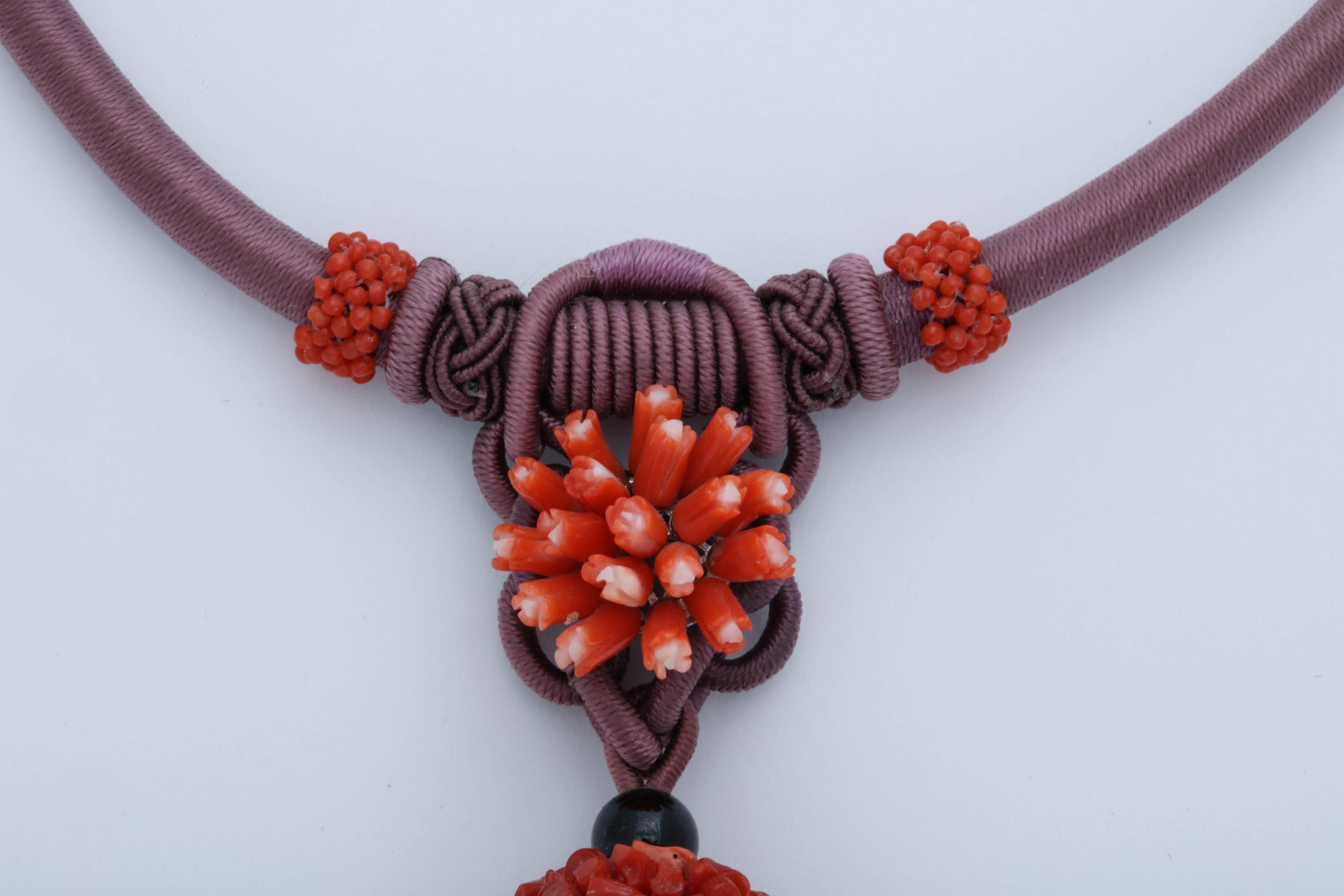 Coral and Silk Cord Necklace In New Condition For Sale In TRYON, NC