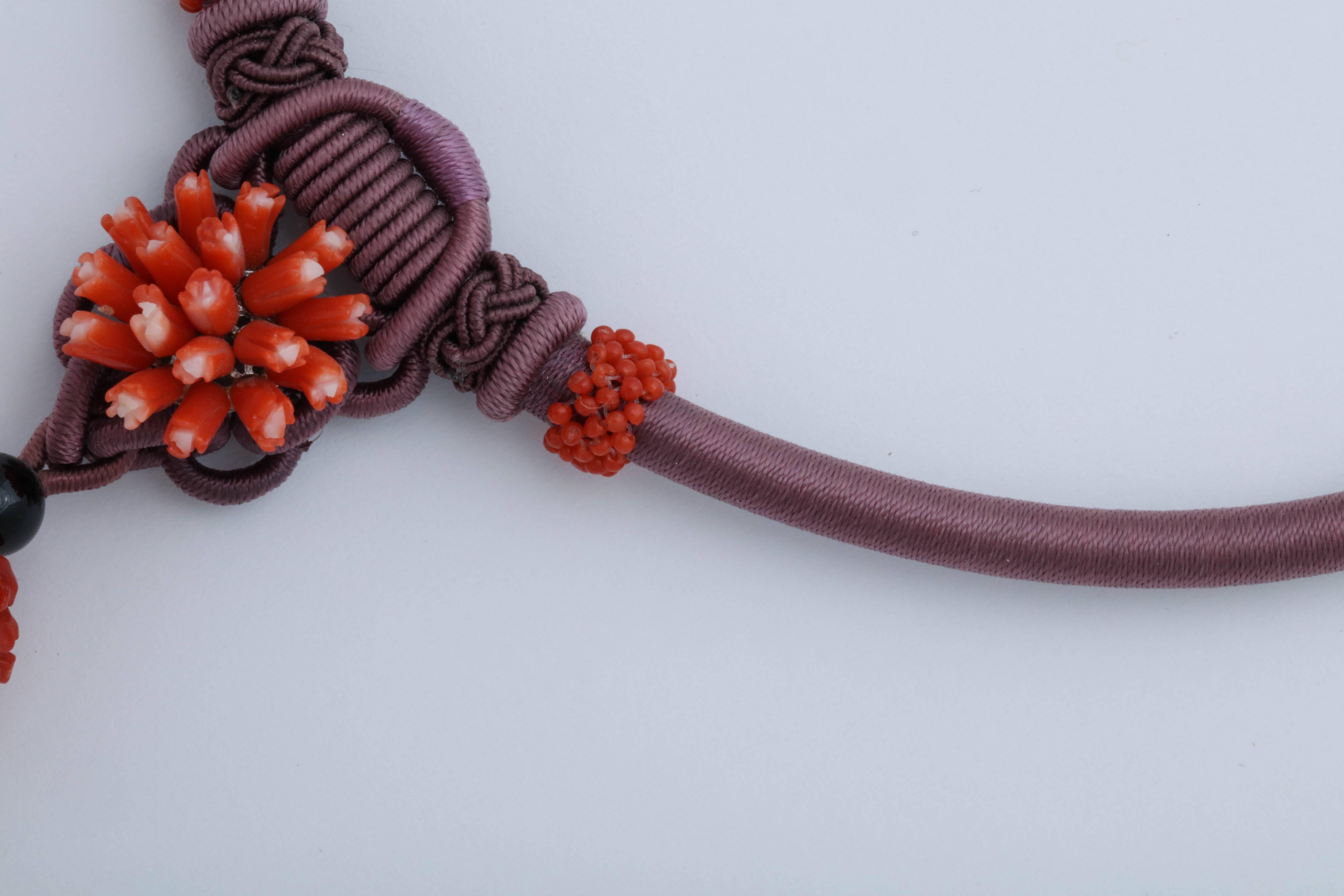 Coral and Silk Cord Necklace For Sale 1