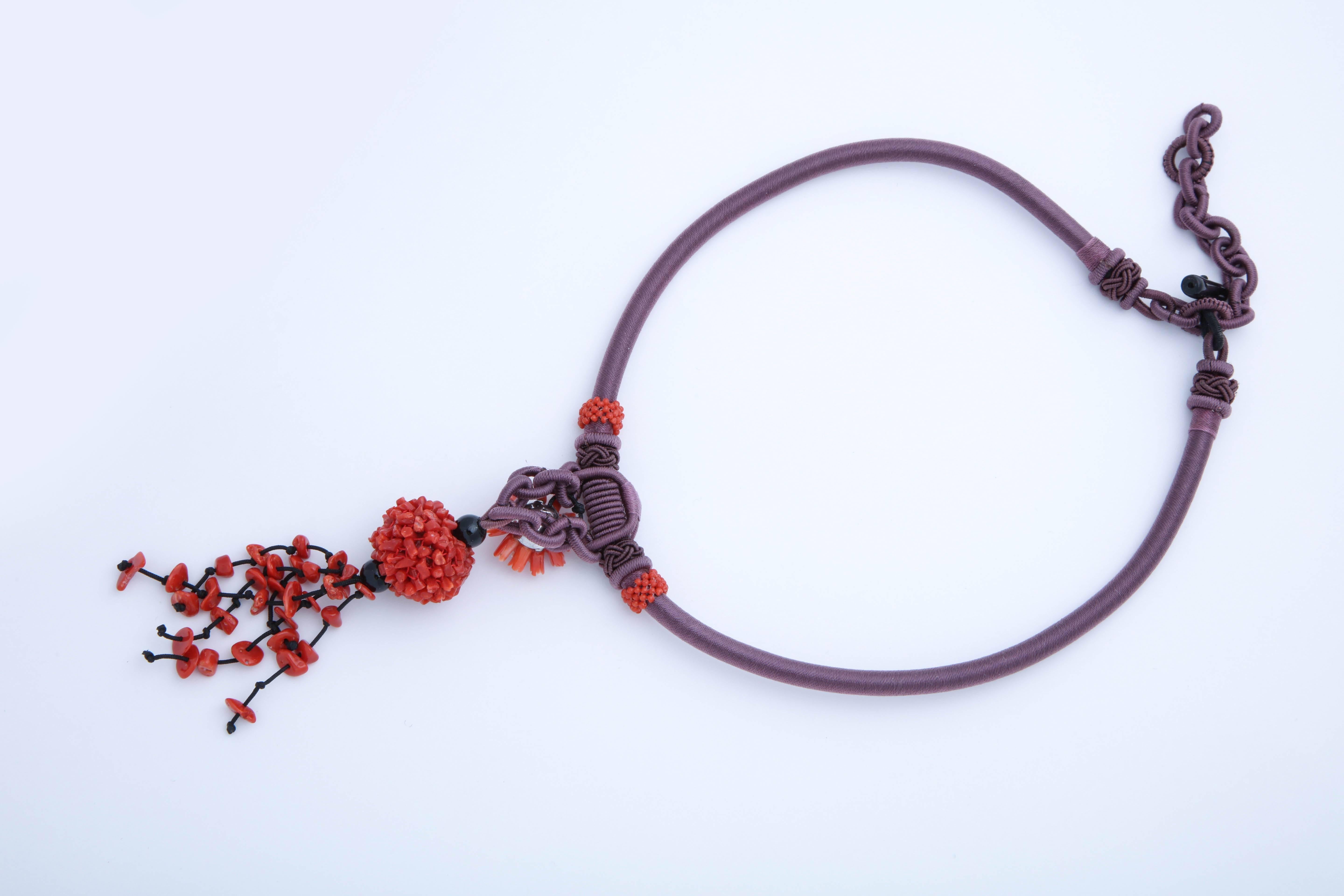 Coral and Silk Cord Necklace For Sale 2