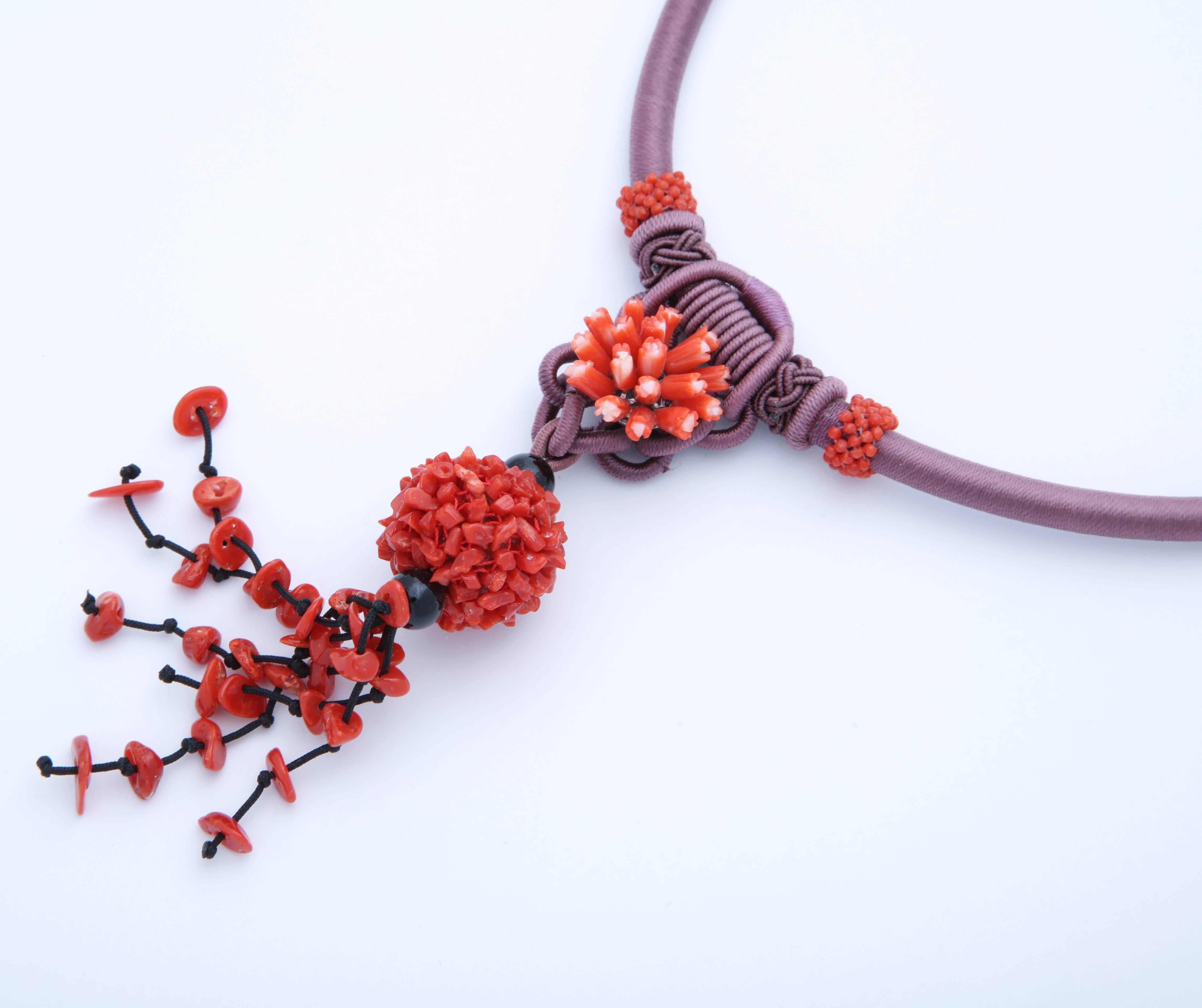 Coral and Silk Cord Necklace For Sale 3