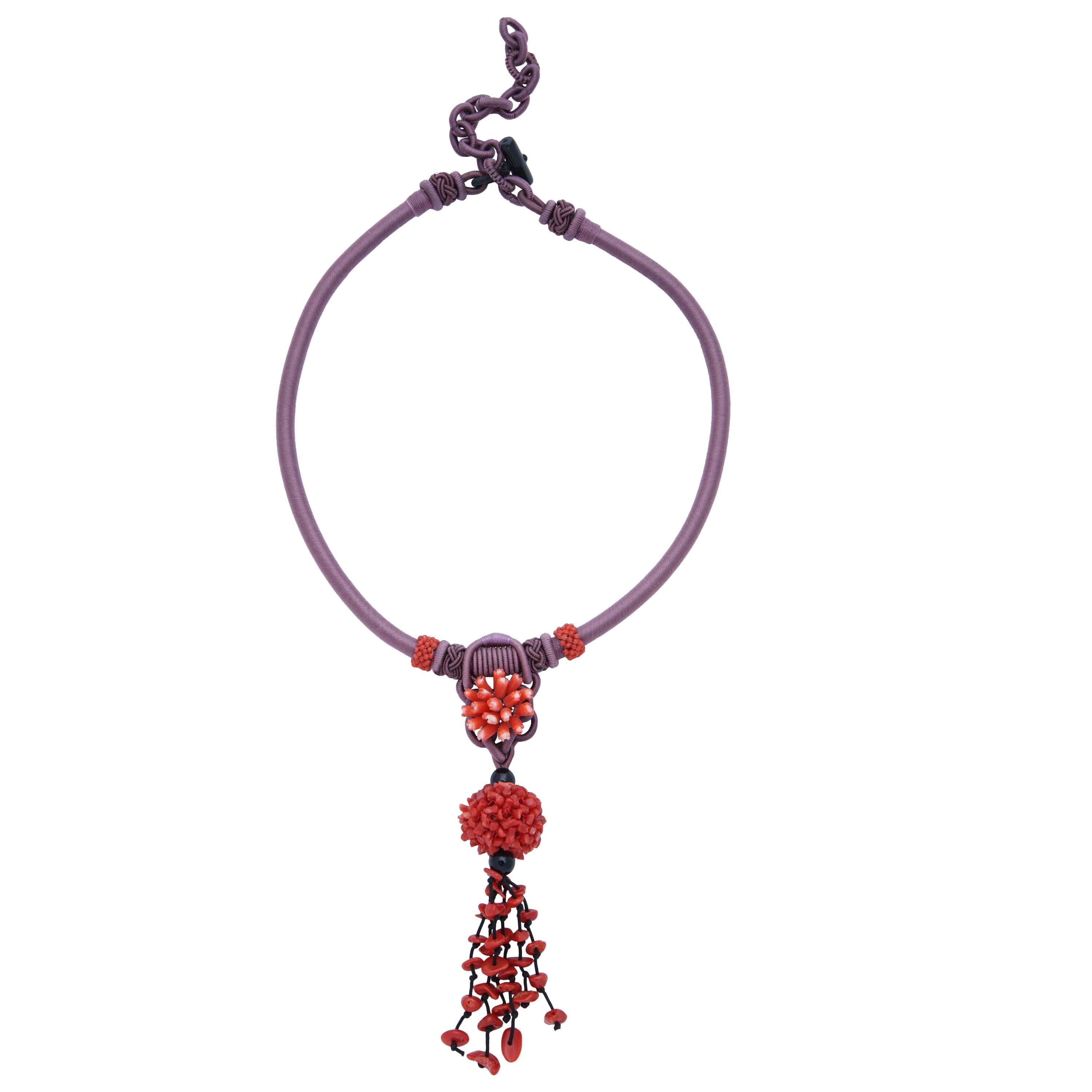 Coral and Silk Cord Necklace For Sale