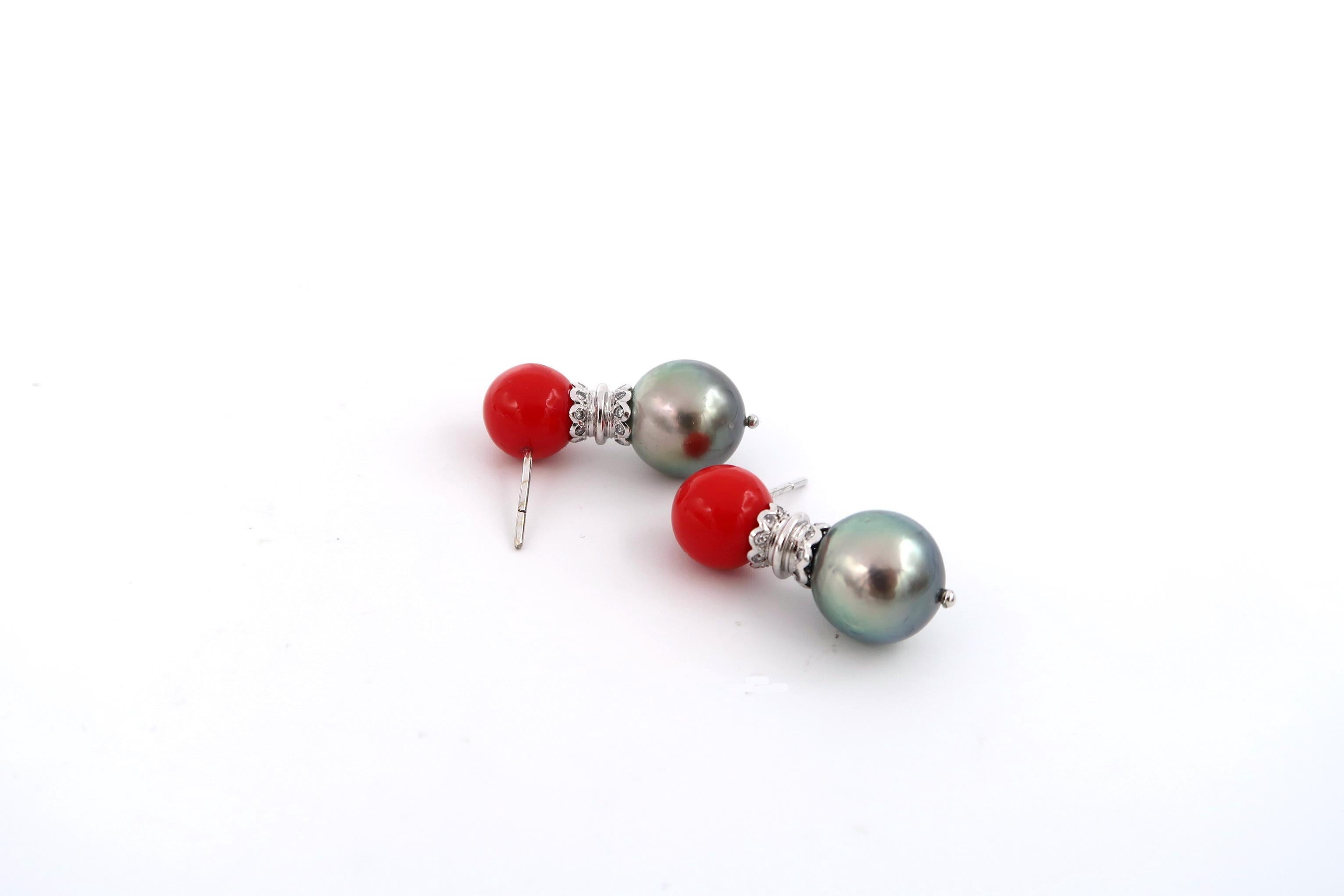 Contemporary Coral and Tahitian Pearl Cone Sconce Diamond Pierced Pin Gold Earrings For Sale