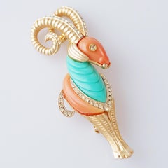 Coral and Turquoise Lucite Gilded Ram Figural Brooch By Hattie Carnegie, 1960s