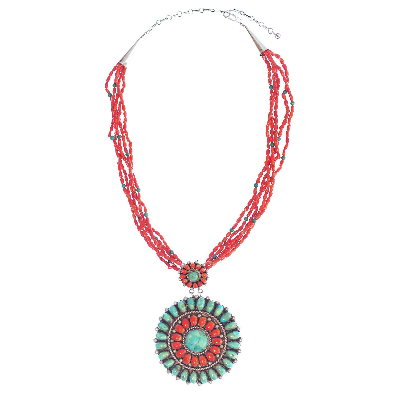 Coral and Turquoise Necklace with Fabulous Medallion In Excellent Condition In Litchfield, CT