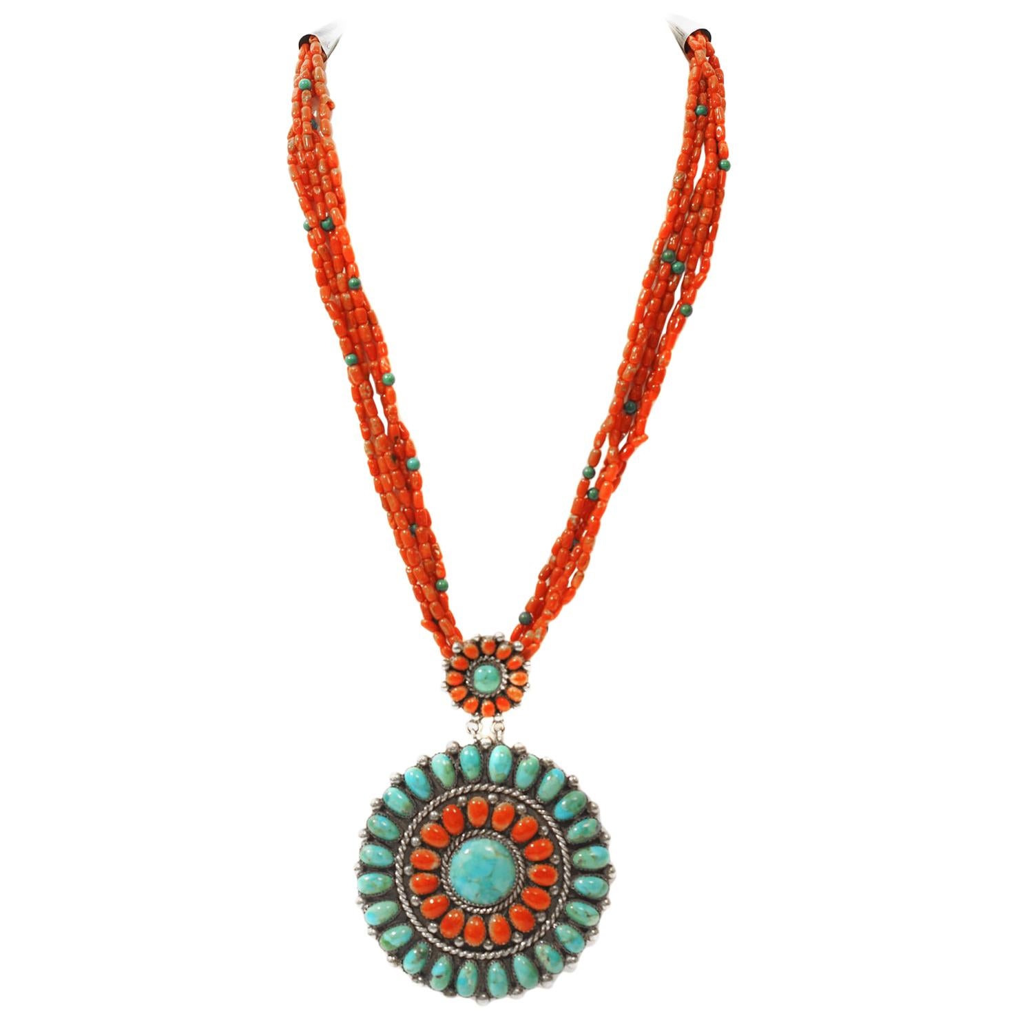 Coral and Turquoise Necklace with Fabulous Medallion