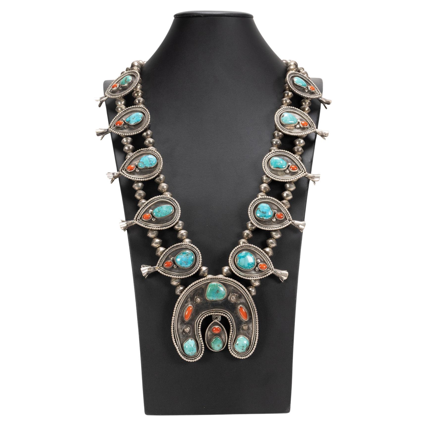 Coral and Turquoise Squash Blossom Necklace