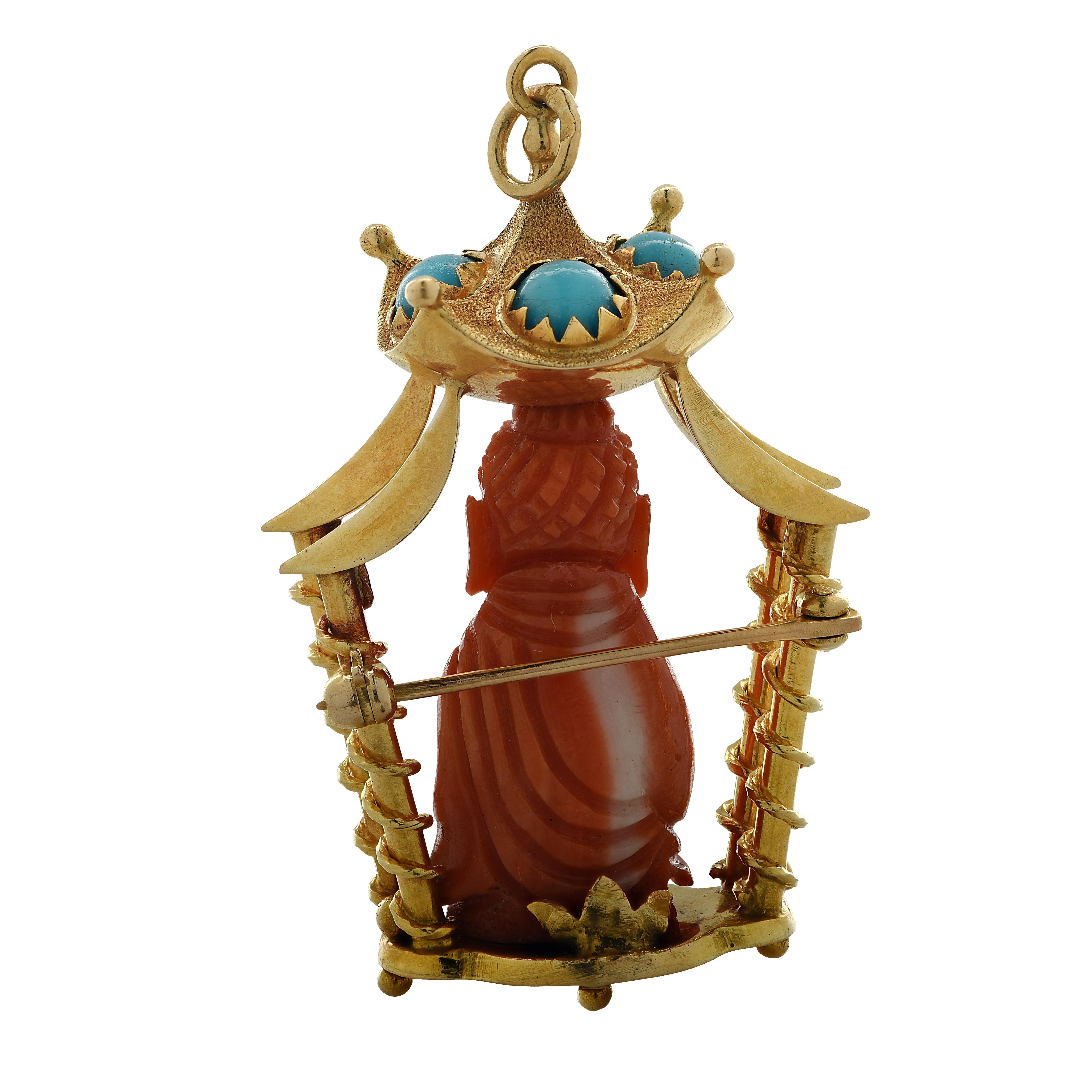 Modern Coral and Turquoise Yellow Gold Buddha Brooch Pin Pendant
