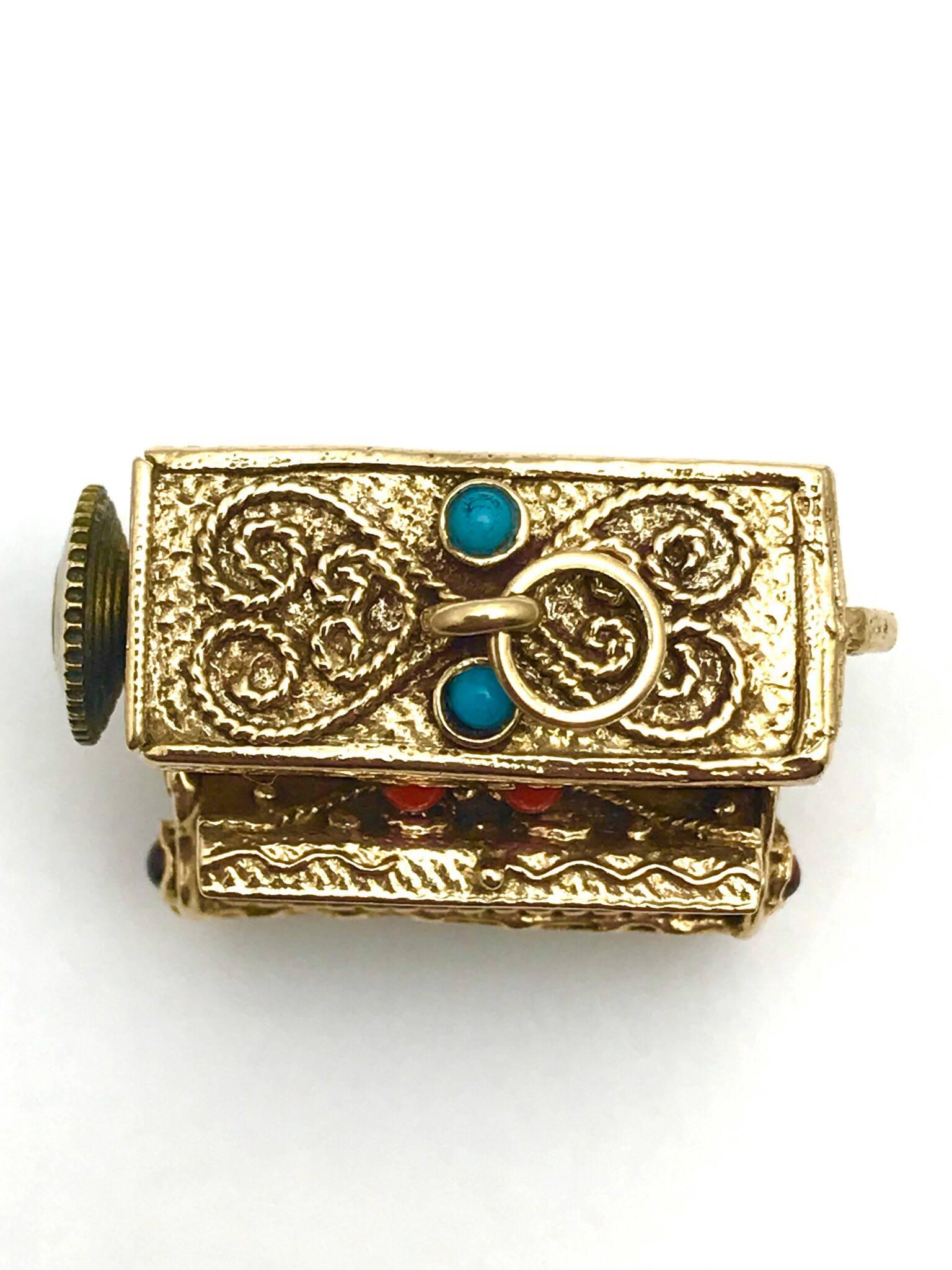 Retro  Coral and Turquoise Yellow Gold Musical Piano Charm
